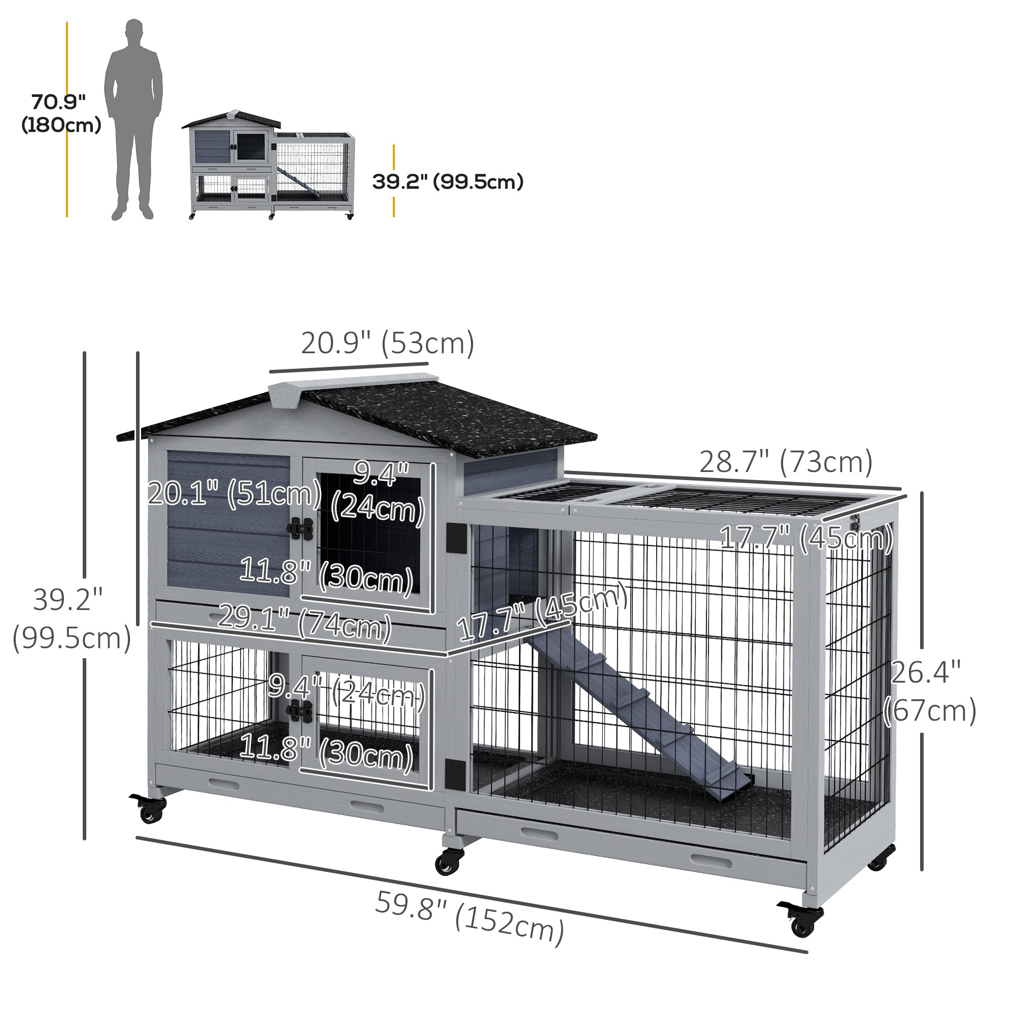 PawHut Large Rabbit Hutch Outdoor Indoor 2-Tier Wooden Bunny Cage Guinea Pig Cage with Run Openable Top Ramp 3 Removable Trays, for 1-2 Rabbits, 60" x 21" x 39", Grey