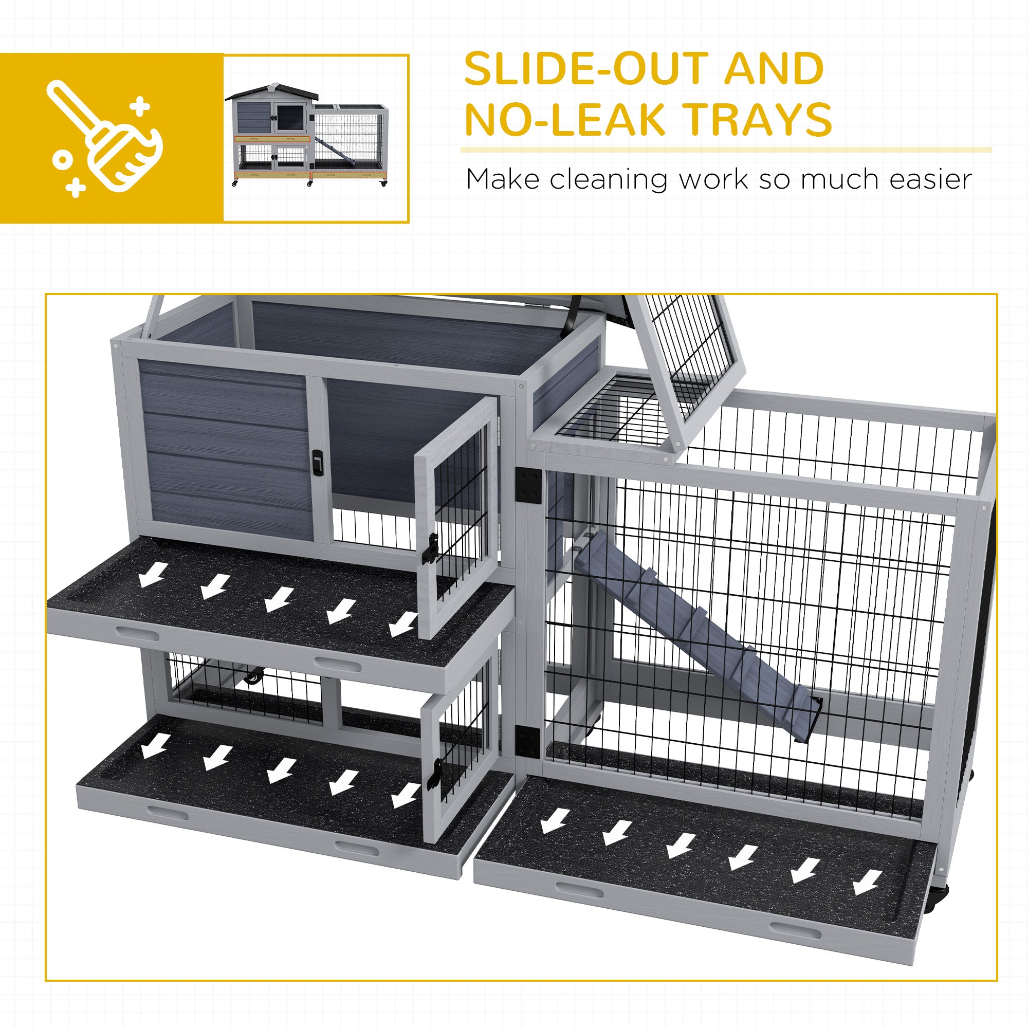 PawHut Rabbit Hutch Guinea Pig Hutch With Run Wooden Small Animal House with Wheels, No-leak Plastic Trays, Openable Top for Outdoor Indoor - Grey