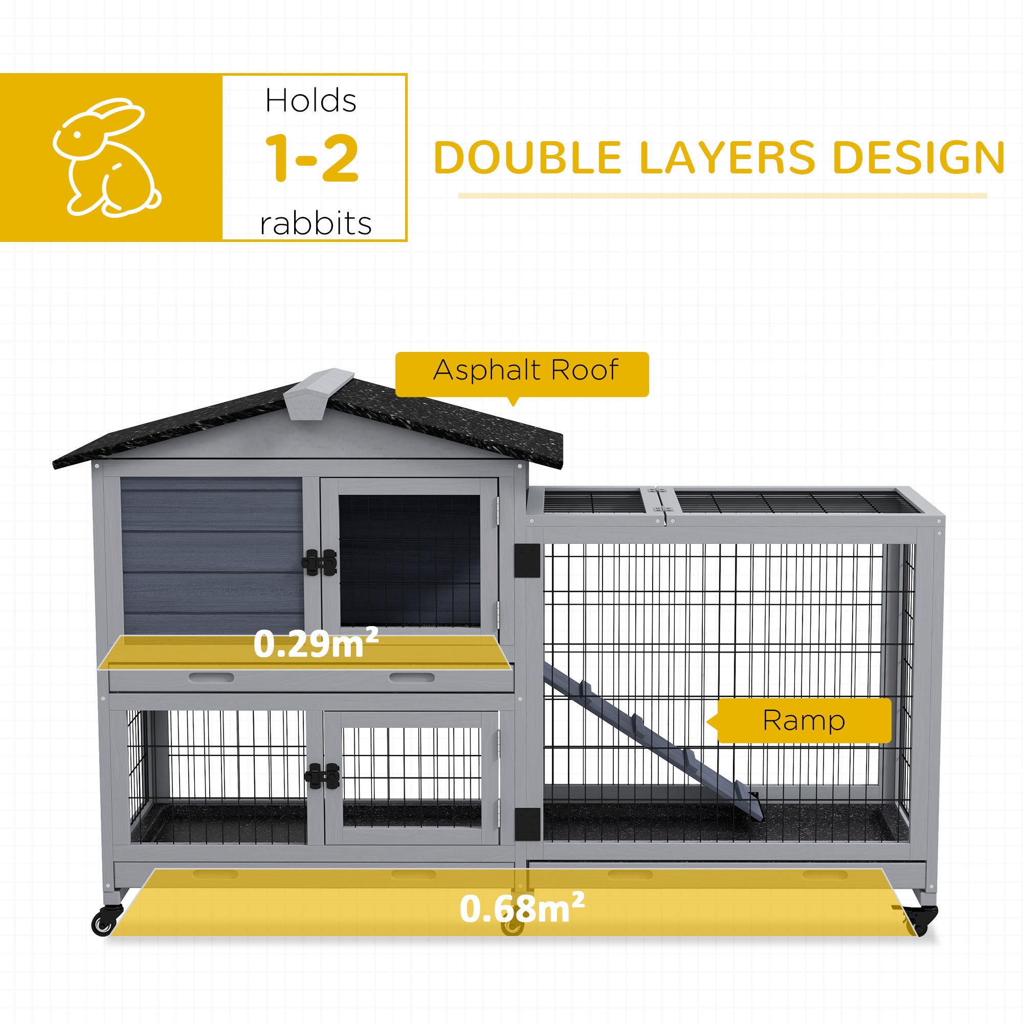 PawHut Rabbit Hutch Guinea Pig Hutch With Run Wooden Small Animal House with Wheels, No-leak Plastic Trays, Openable Top for Outdoor Indoor - Grey