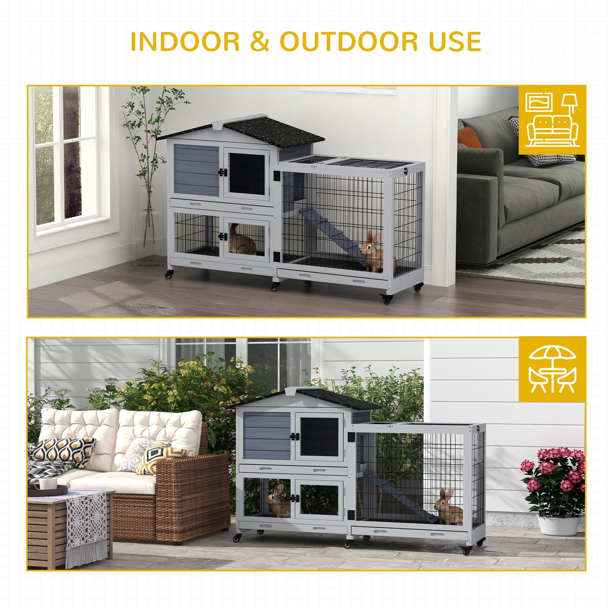 PawHut Rabbit Hutch Guinea Pig Hutch With Run Wooden Small Animal House with Wheels, No-leak Plastic Trays, Openable Top for Outdoor Indoor - Grey