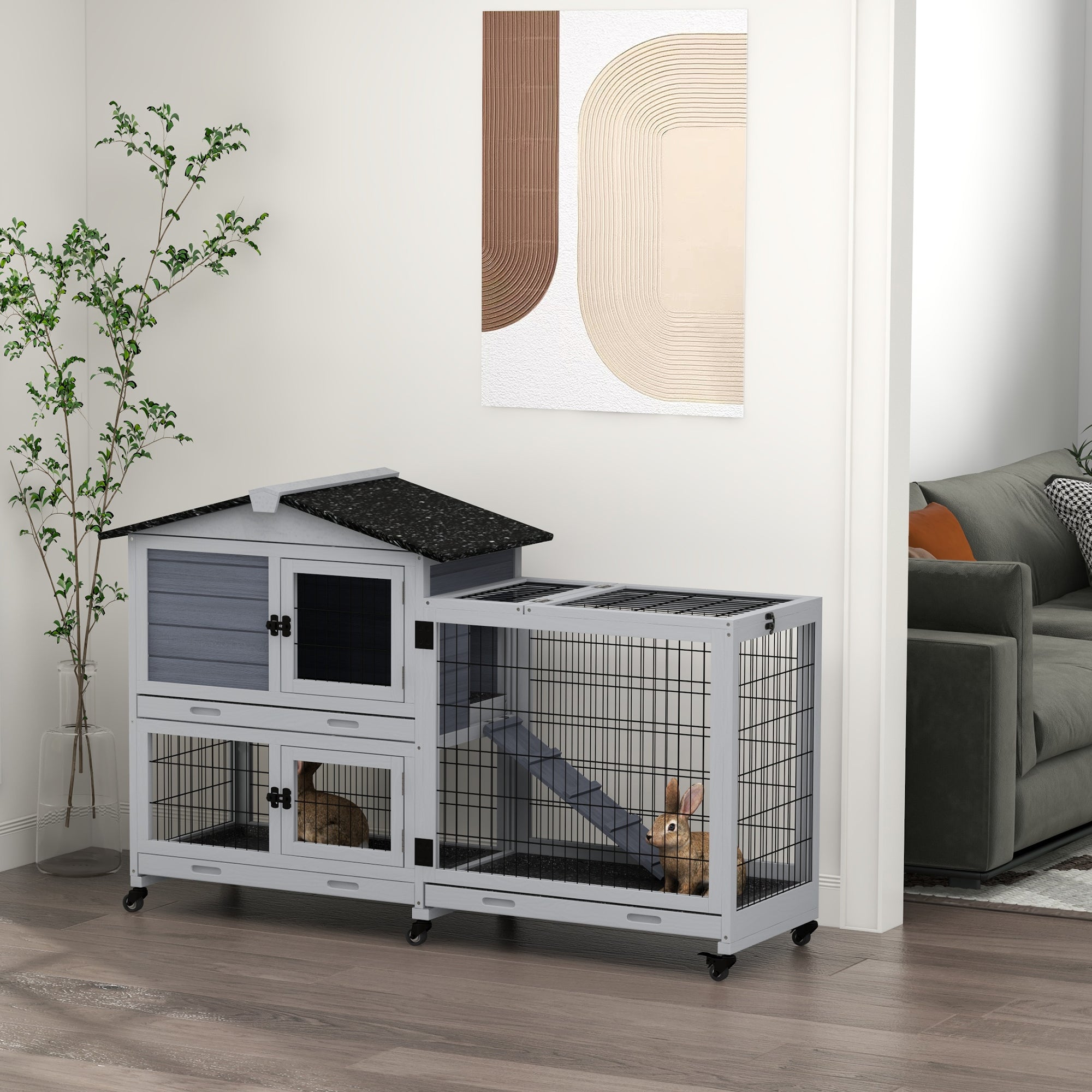PawHut Large Rabbit Hutch Outdoor Indoor 2-Tier Wooden Bunny Cage Guinea Pig Cage with Run Openable Top Ramp 3 Removable Trays, for 1-2 Rabbits, 60" x 21" x 39", Grey