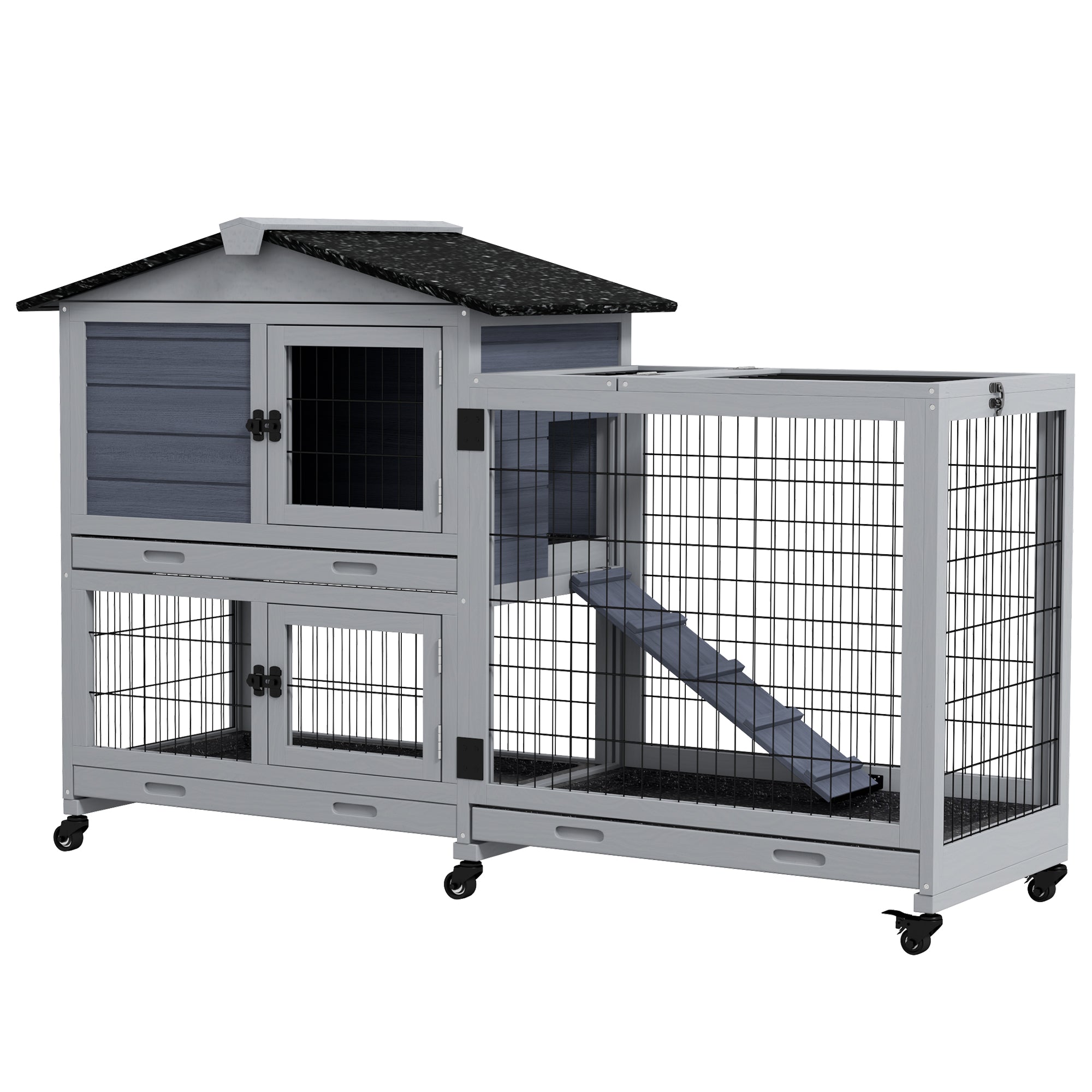 PawHut Large Rabbit Hutch Outdoor Indoor 2-Tier Wooden Bunny Cage Guinea Pig Cage with Run Openable Top Ramp 3 Removable Trays, for 1-2 Rabbits, 60" x 21" x 39", Grey