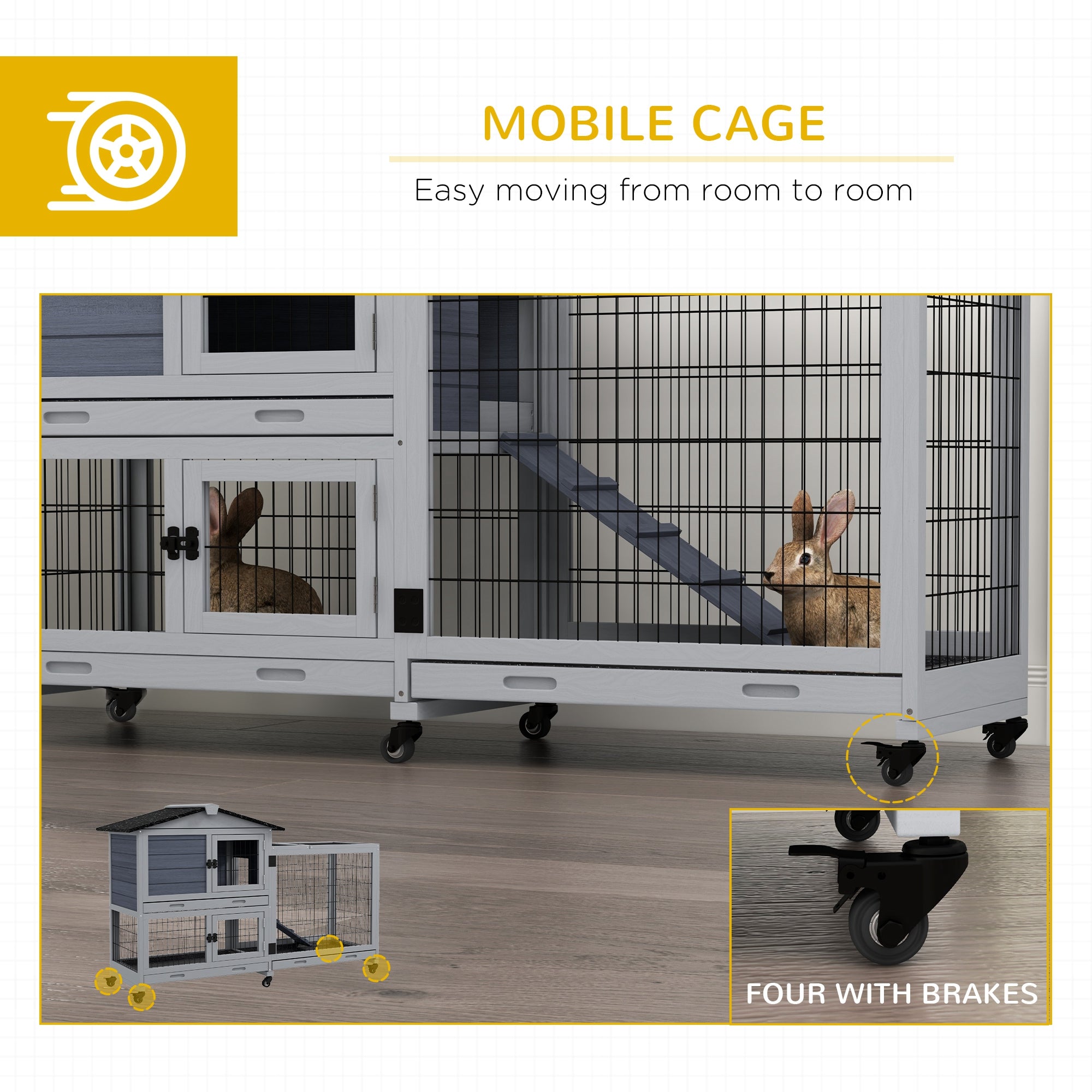 PawHut Rabbit Hutch Guinea Pig Hutch With Run Wooden Small Animal House with Wheels, No-leak Plastic Trays, Openable Top for Outdoor Indoor - Grey