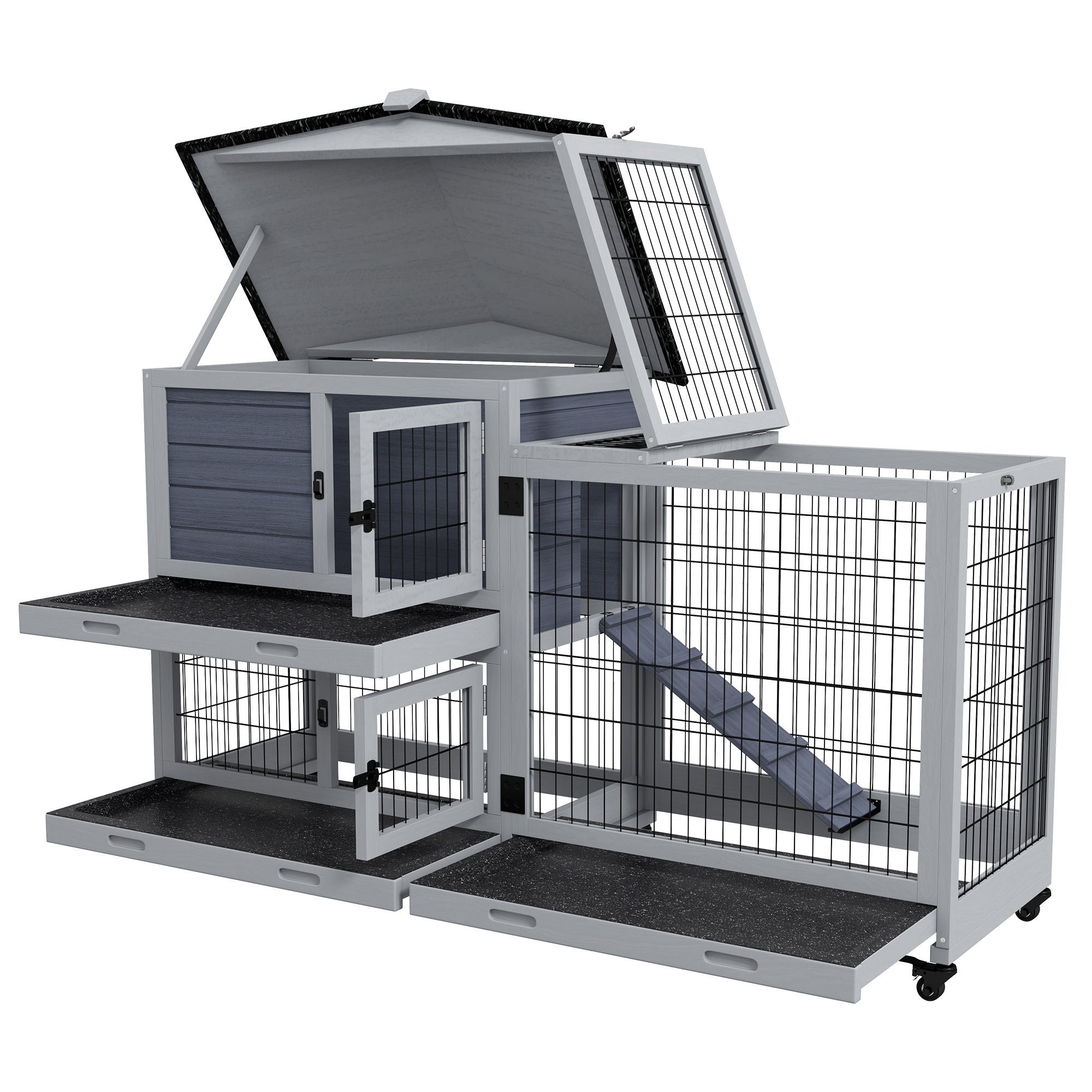 PawHut Large Rabbit Hutch Outdoor Indoor 2-Tier Wooden Bunny Cage Guinea Pig Cage with Run Openable Top Ramp 3 Removable Trays, for 1-2 Rabbits, 60" x 21" x 39", Grey