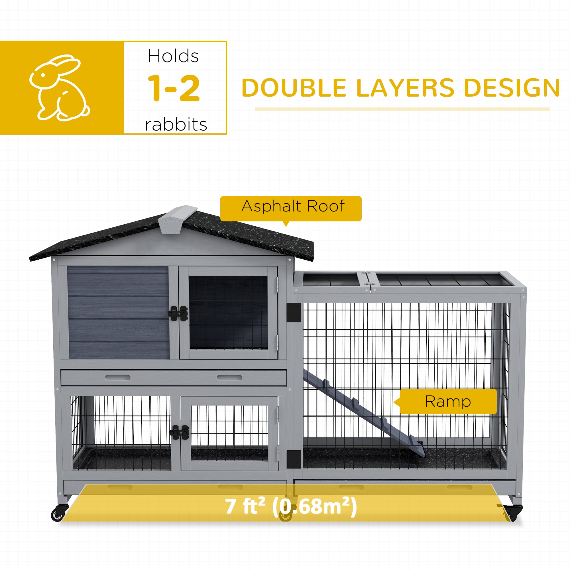 PawHut Large Rabbit Hutch Outdoor Indoor 2-Tier Wooden Bunny Cage Guinea Pig Cage with Run Openable Top Ramp 3 Removable Trays, for 1-2 Rabbits, 60" x 21" x 39", Grey