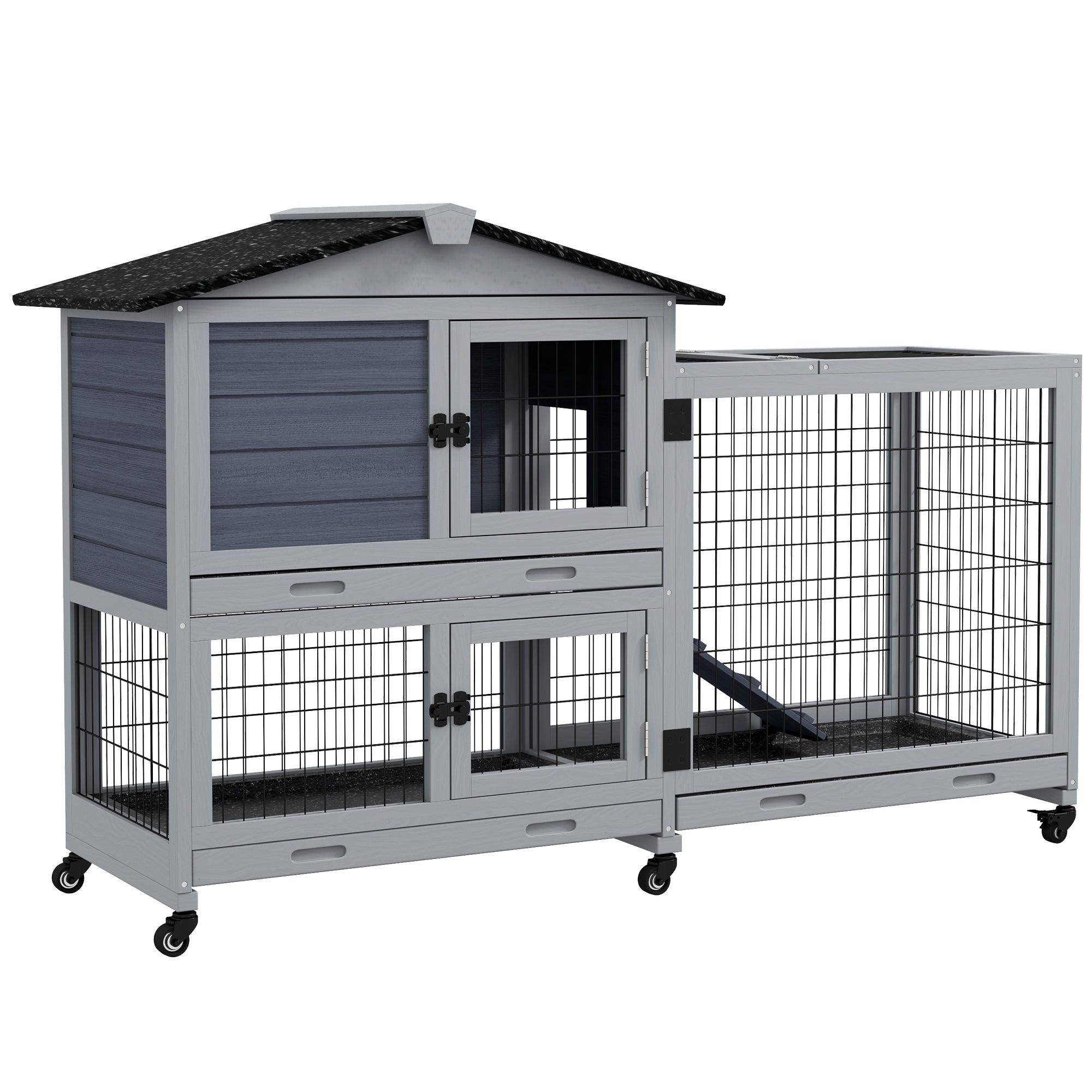 PawHut Large Rabbit Hutch Outdoor Indoor 2-Tier Wooden Bunny Cage Guinea Pig Cage with Run Openable Top Ramp 3 Removable Trays, for 1-2 Rabbits, 60" x 21" x 39", Grey