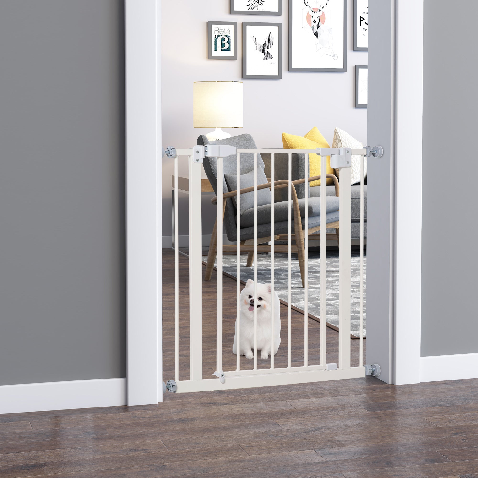 PawHut Pressure Fit Safety Gate, Adjustable Dog Gate, Pet Barrier for for Doorways, Staircases and Hallways with Auto Close, Double Locking, Opening 74-80cm, White