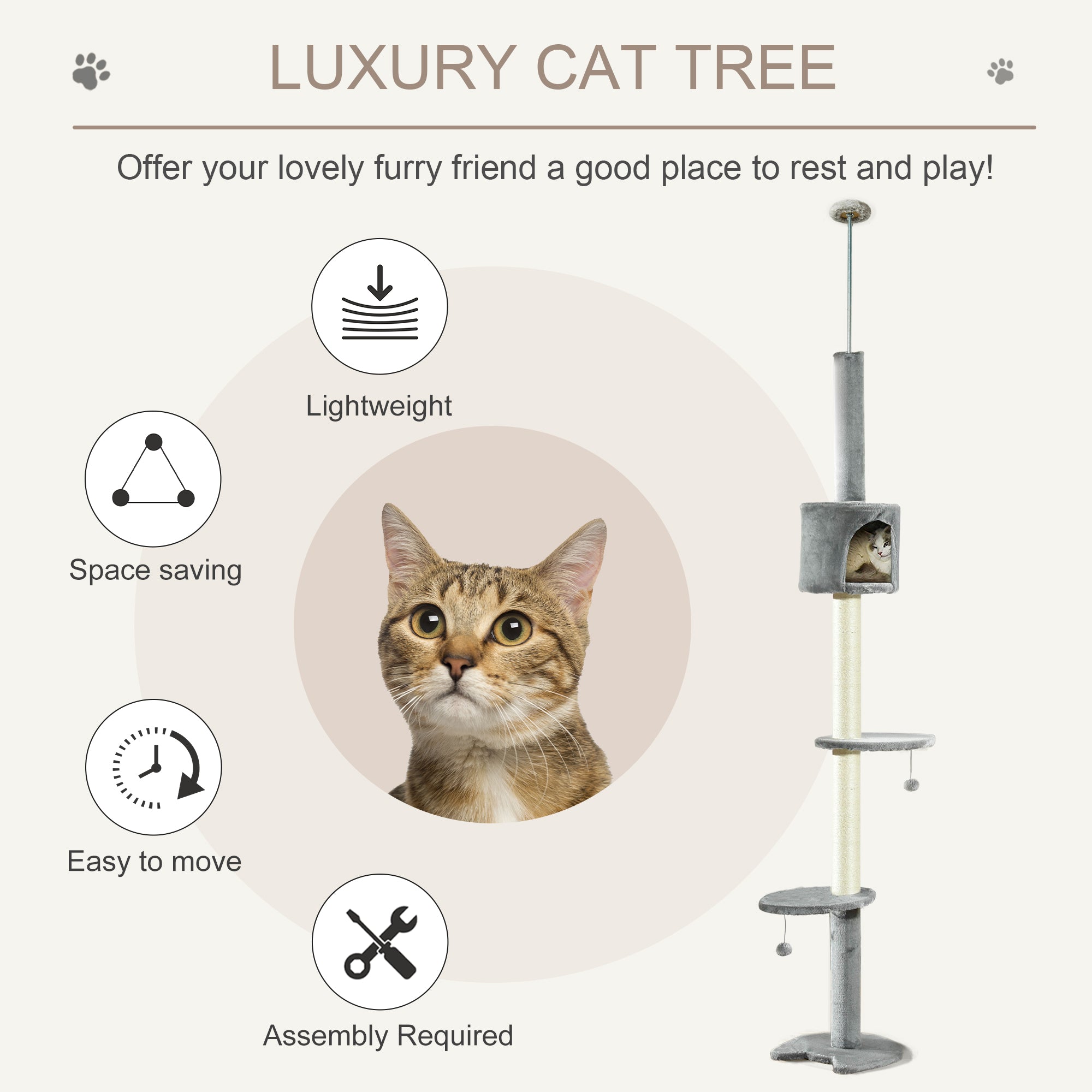 PawHut Floor to Ceiling Cat Tree for Indoor Cats, Kitten Tower, Condo, Multi-Layer Activity Center, Indoor Pet Play House with Solid Scratching Post Hanging Balls, Light Grey