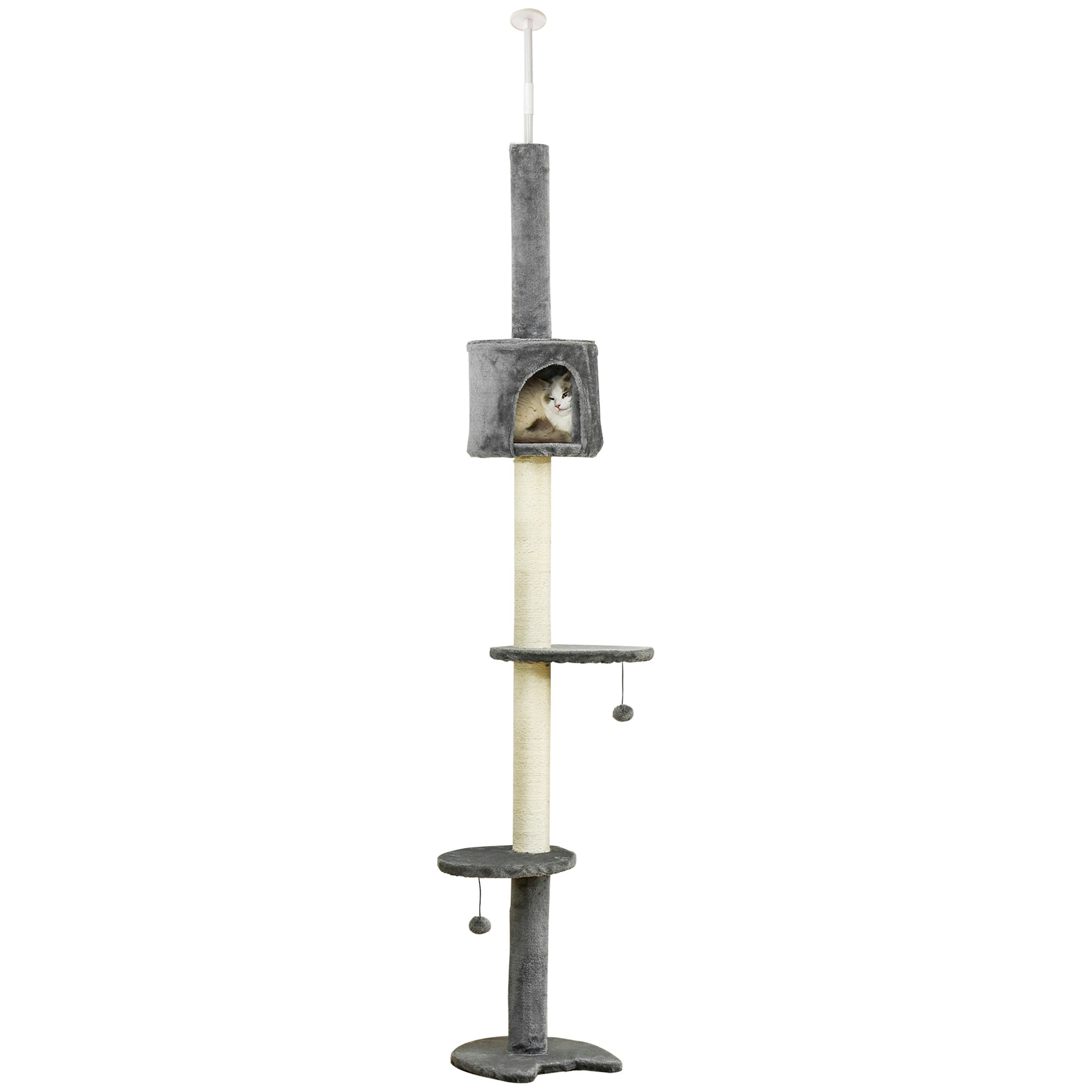PawHut 4-Tier Floor to Ceiling Cat Tree, Tall Cat Tower with Scratching Post, Plush Padding, Toy Ball, Cat Condo for Indoor Cats, Light Grey