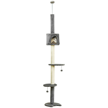 PawHut Floor to Ceiling Cat Tree for Indoor Cats, Kitten Tower, Condo, Multi-Layer Activity Center, Indoor Pet Play House with Solid Scratching Post Hanging Balls, Light Grey