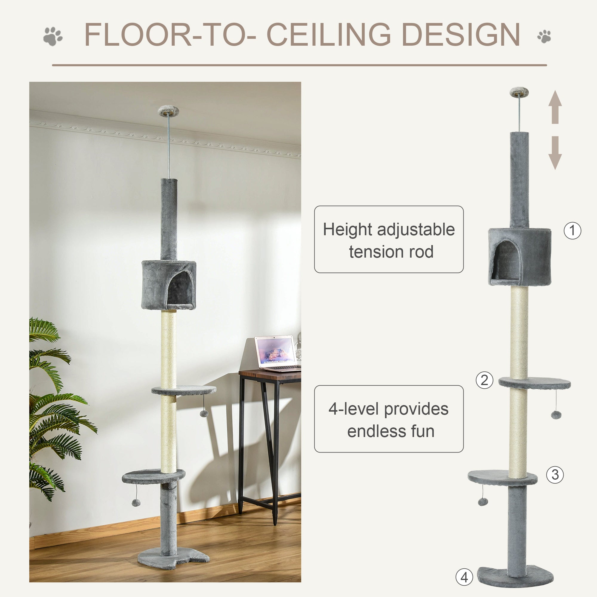 PawHut 4-Tier Floor to Ceiling Cat Tree, Tall Cat Tower with Scratching Post, Plush Padding, Toy Ball, Cat Condo for Indoor Cats, Light Grey