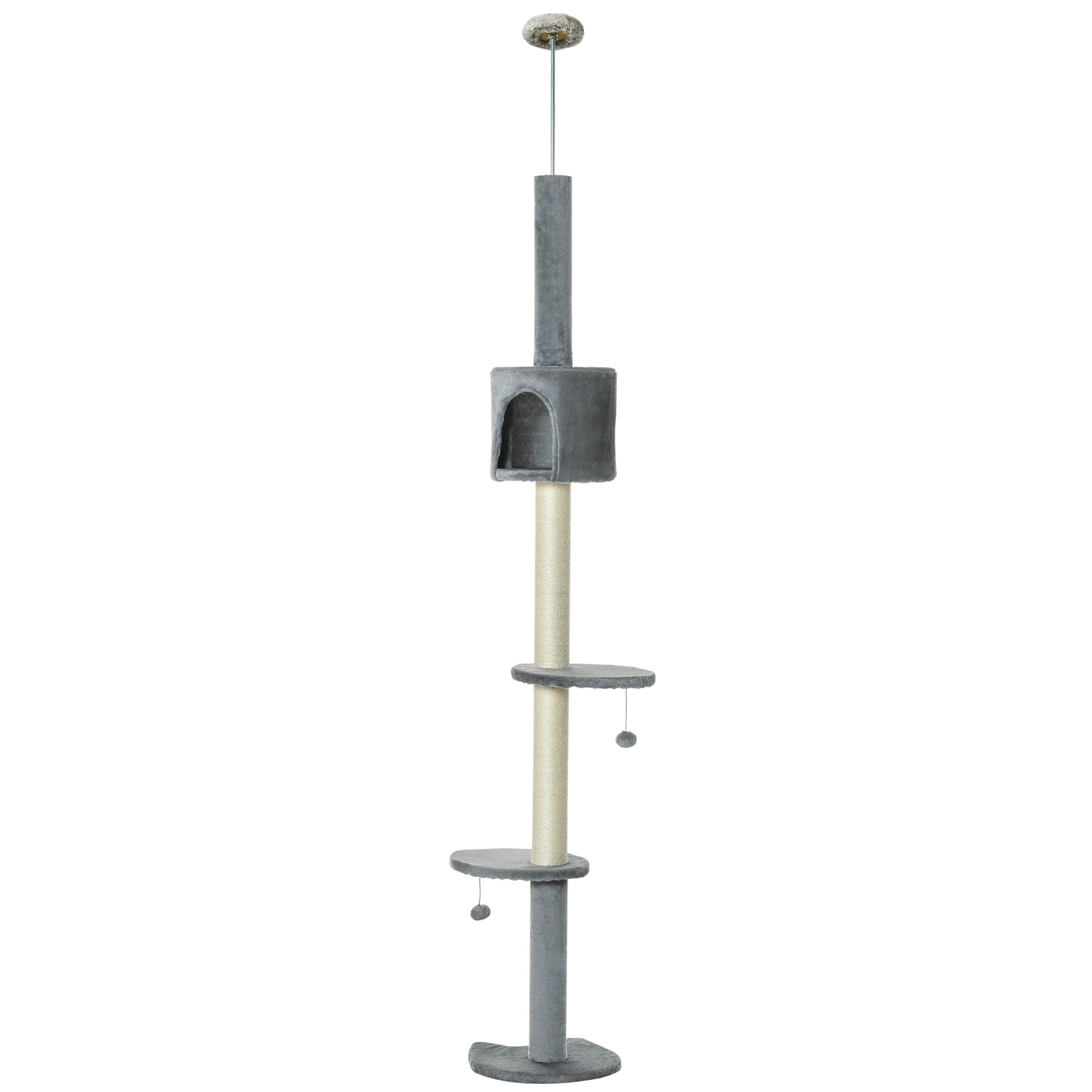 PawHut 4-Tier Floor to Ceiling Cat Tree, Tall Cat Tower with Scratching Post, Plush Padding, Toy Ball, Cat Condo for Indoor Cats, Light Grey
