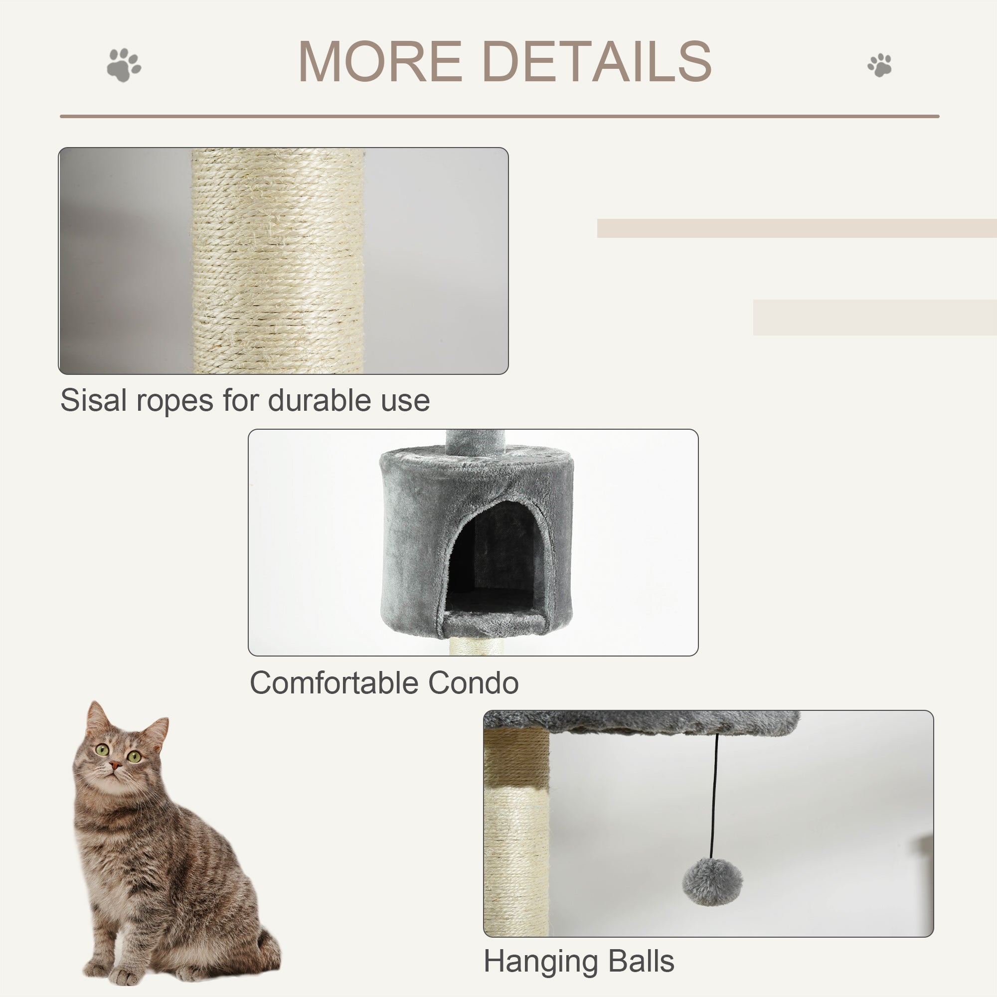 PawHut 4-Tier Floor to Ceiling Cat Tree, Tall Cat Tower with Scratching Post, Plush Padding, Toy Ball, Cat Condo for Indoor Cats, Light Grey