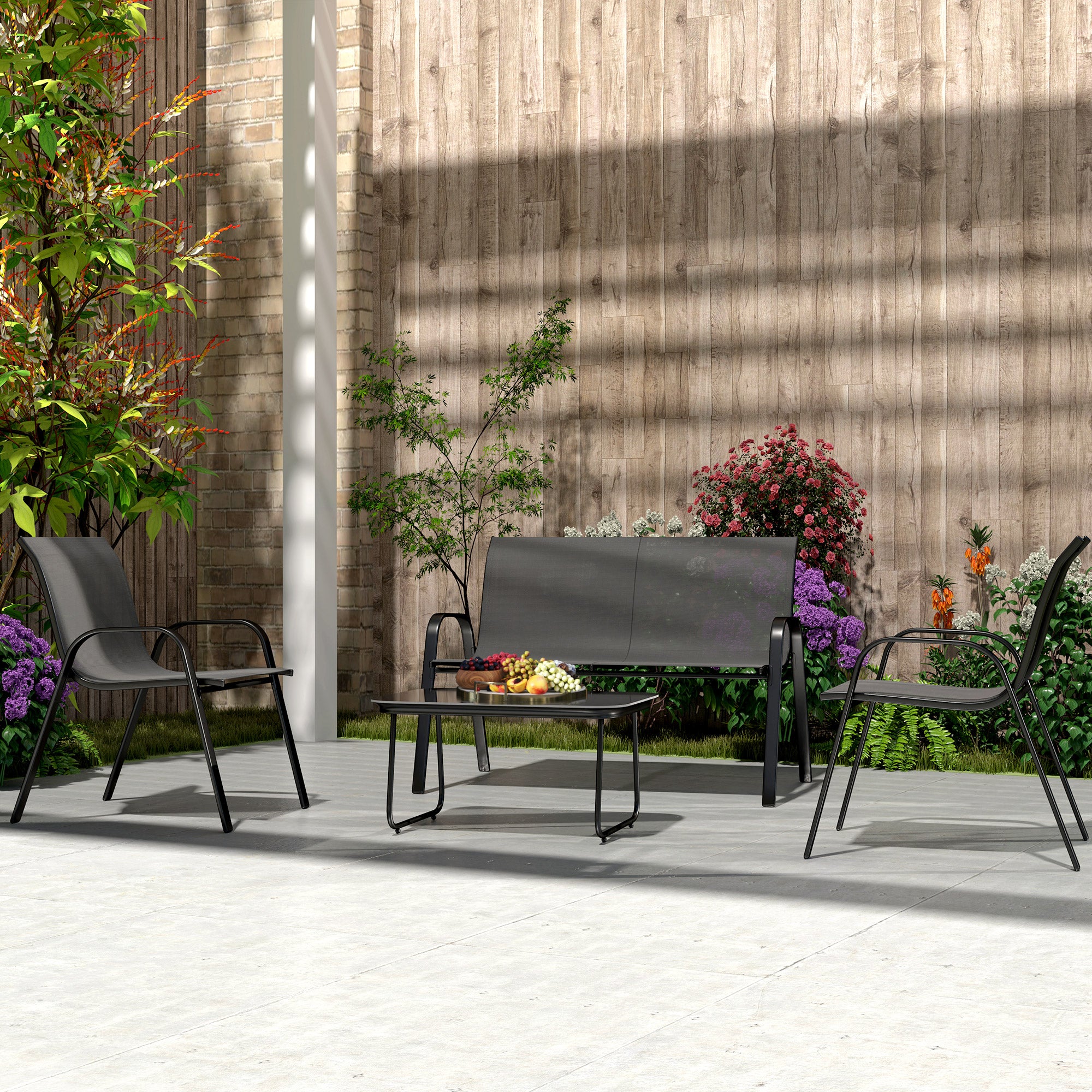 Outsunny 4 Pieces Patio Furniture Set with 2 Stackable Chairs and Loveseat, Outdoor Conversation Set with Glass Coffee Table, Mesh Fabric, Steel Frame for Backyard, Garden, Black