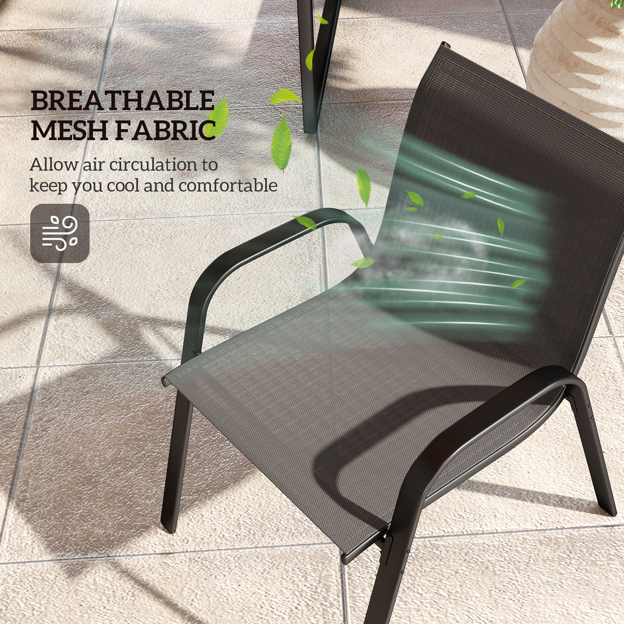 Outsunny 4 Pieces Patio Furniture Set with 2 Stackable Chairs and Loveseat, Outdoor Conversation Set with Glass Coffee Table, Mesh Fabric, Steel Frame for Backyard, Garden, Black
