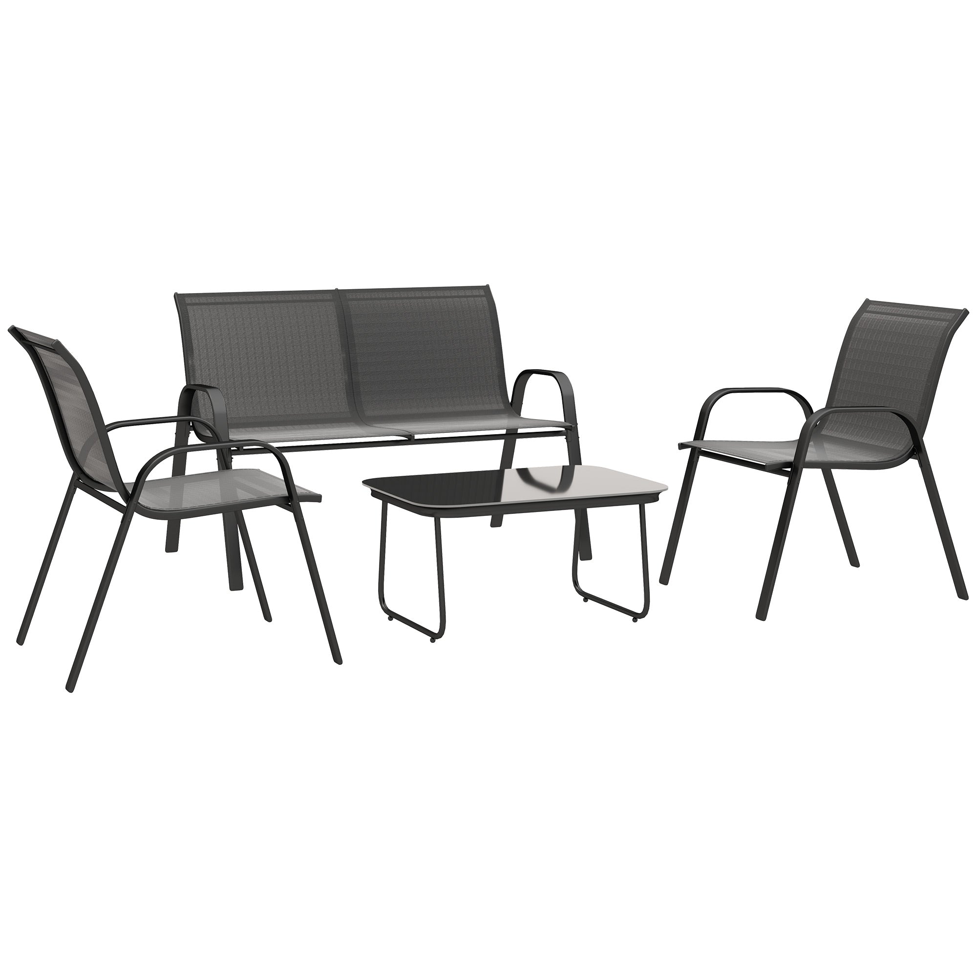 Outsunny 4 Pieces Patio Furniture Set with 2 Stackable Chairs and Loveseat, Outdoor Conversation Set with Glass Coffee Table, Mesh Fabric, Steel Frame for Backyard, Garden, Black