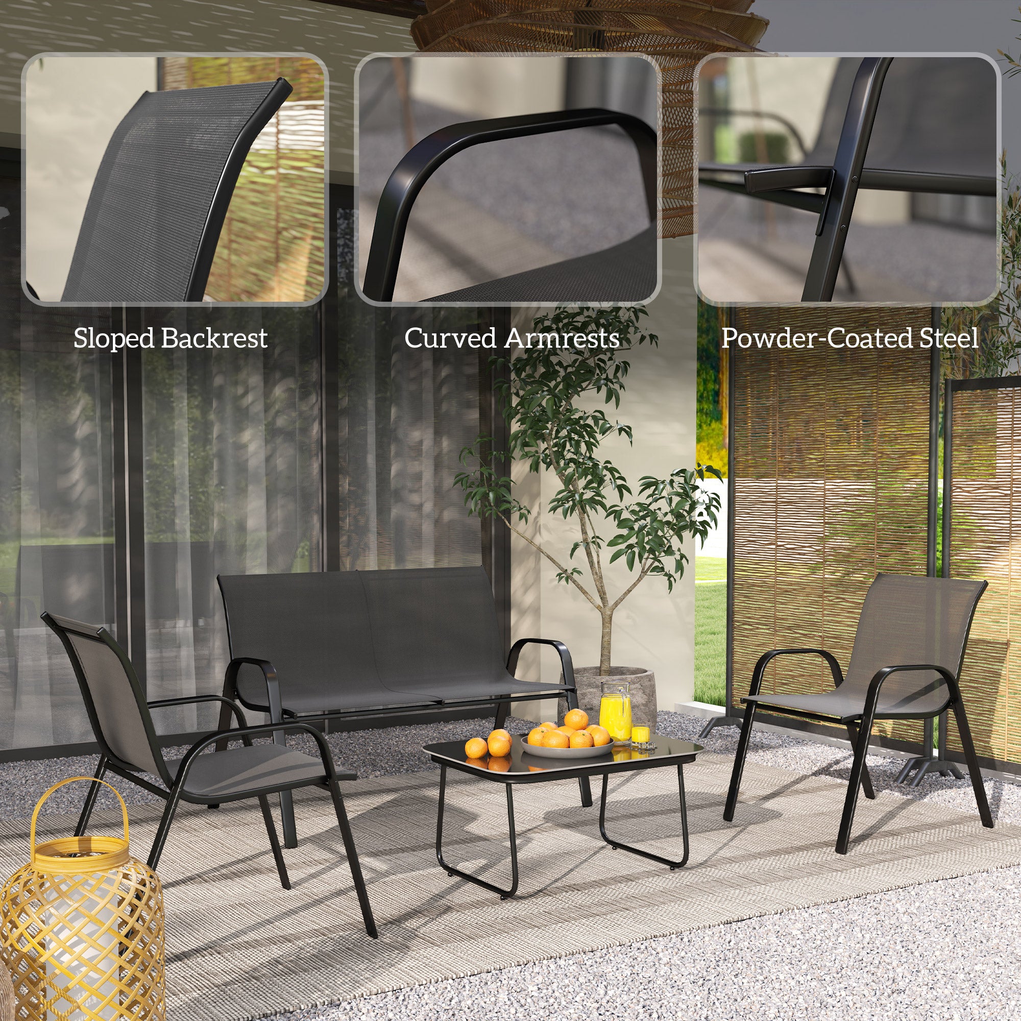 Outsunny 4 Pieces Patio Furniture Set with 2 Stackable Chairs and Loveseat, Outdoor Conversation Set with Glass Coffee Table, Mesh Fabric, Steel Frame for Backyard, Garden, Black