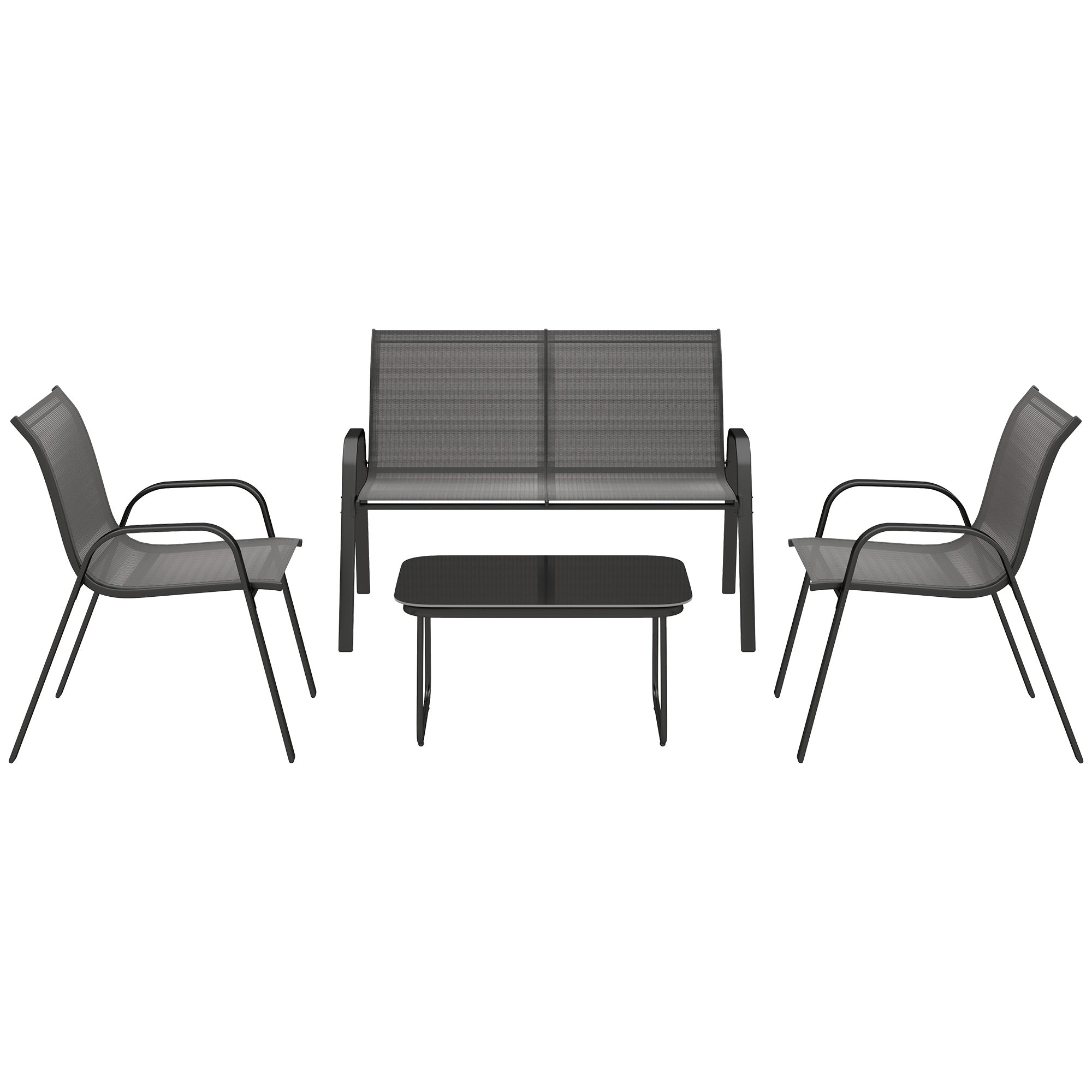 Outsunny 4 Pieces Patio Furniture Set with 2 Stackable Chairs and Loveseat, Outdoor Conversation Set with Glass Coffee Table, Mesh Fabric, Steel Frame for Backyard, Garden, Black