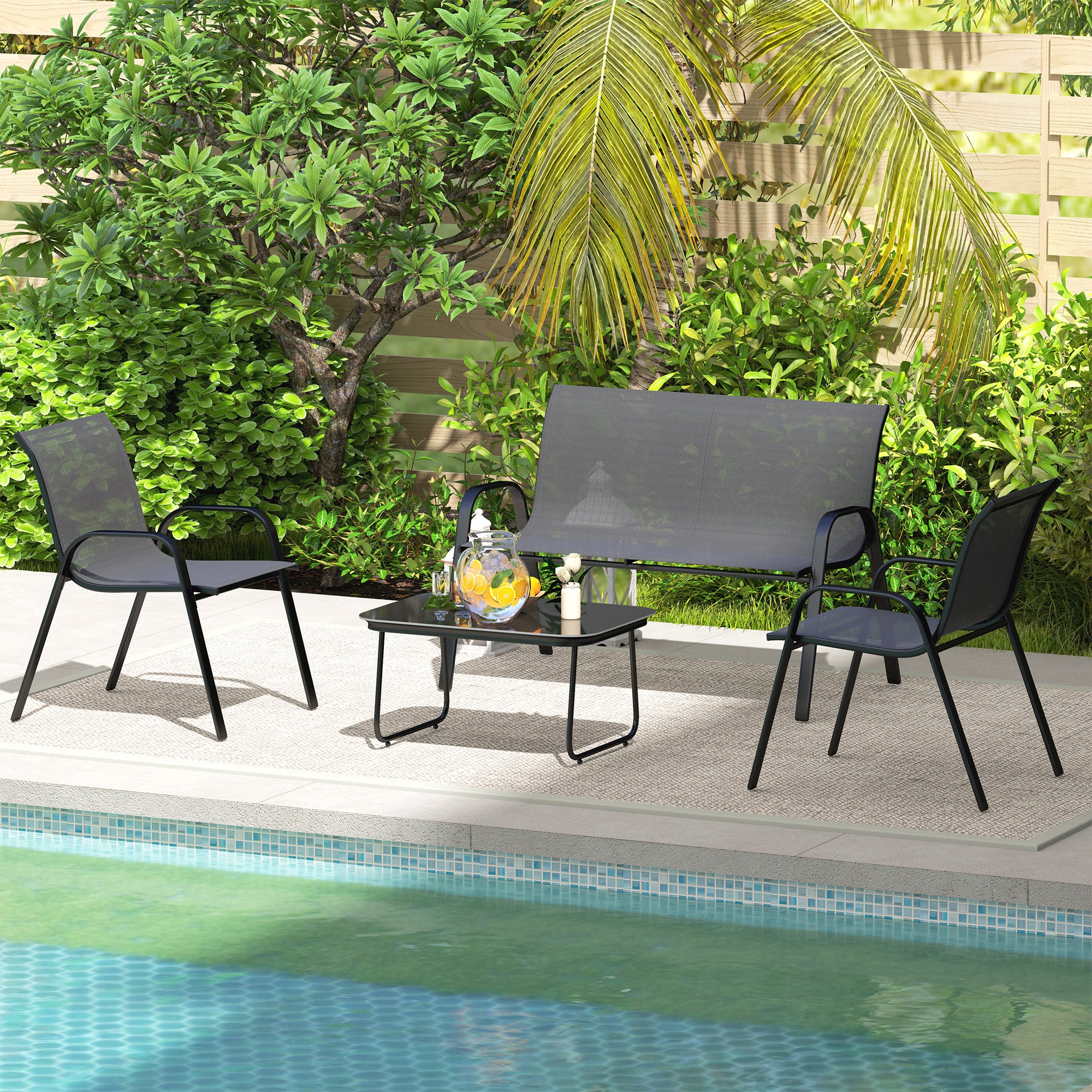 Outsunny 4 Pieces Patio Furniture Set with 2 Stackable Chairs and Loveseat, Outdoor Conversation Set with Glass Coffee Table, Mesh Fabric, Steel Frame for Backyard, Garden, Black