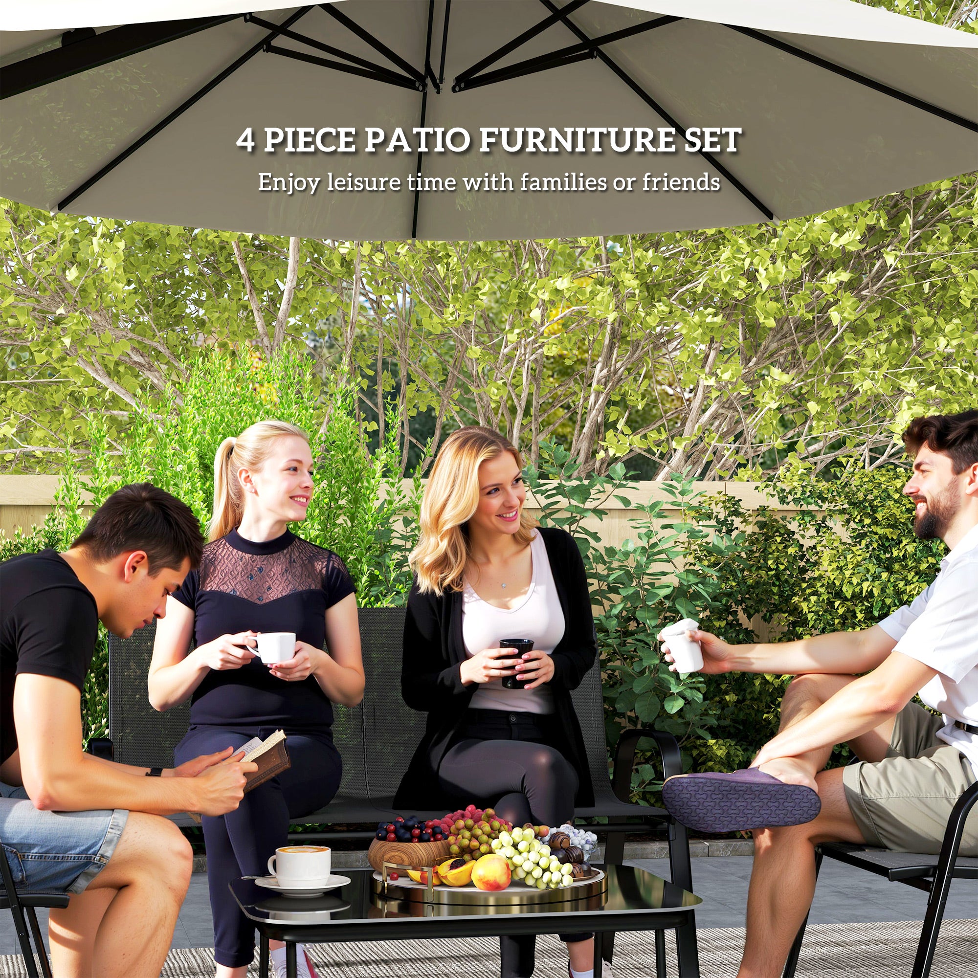 Outsunny 4 Pieces Patio Furniture Set with 2 Stackable Chairs and Loveseat, Outdoor Conversation Set with Glass Coffee Table, Mesh Fabric, Steel Frame for Backyard, Garden, Black