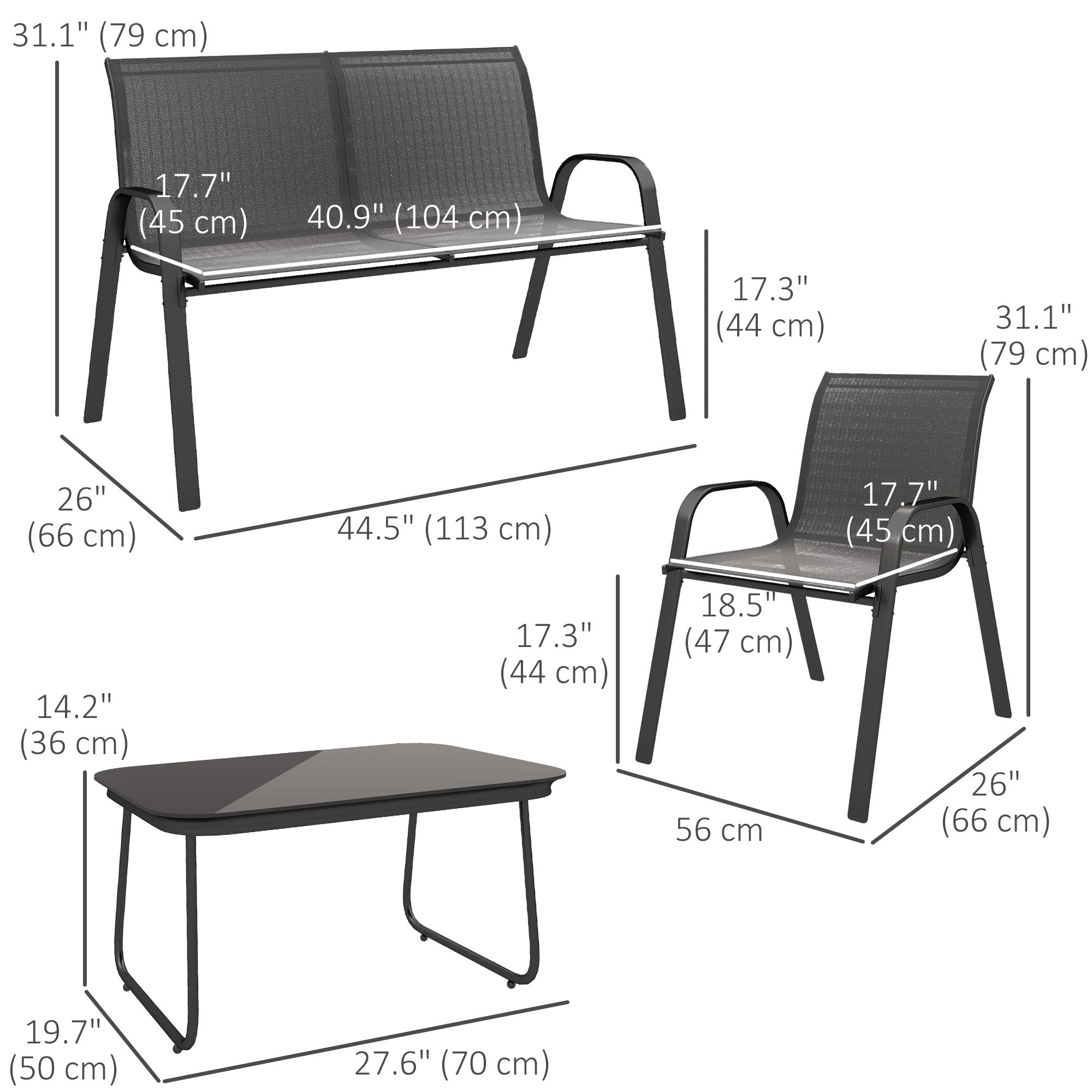 Outsunny 4 Pieces Patio Furniture Set with 2 Stackable Chairs and Loveseat, Outdoor Conversation Set with Glass Coffee Table, Mesh Fabric, Steel Frame for Backyard, Garden, Black
