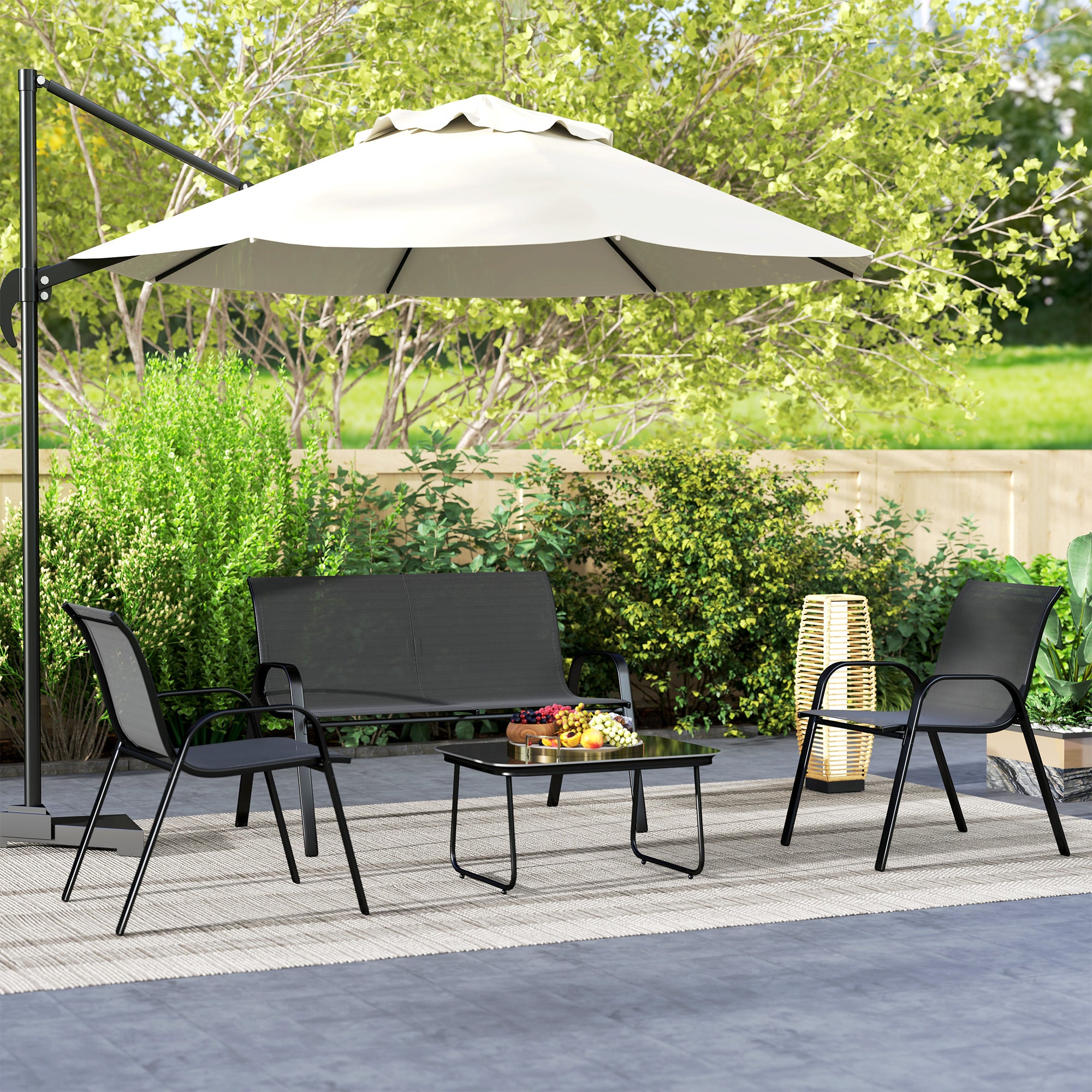 Outsunny 4 Pieces Patio Furniture Set with 2 Stackable Chairs and Loveseat, Outdoor Conversation Set with Glass Coffee Table, Mesh Fabric, Steel Frame for Backyard, Garden, Black