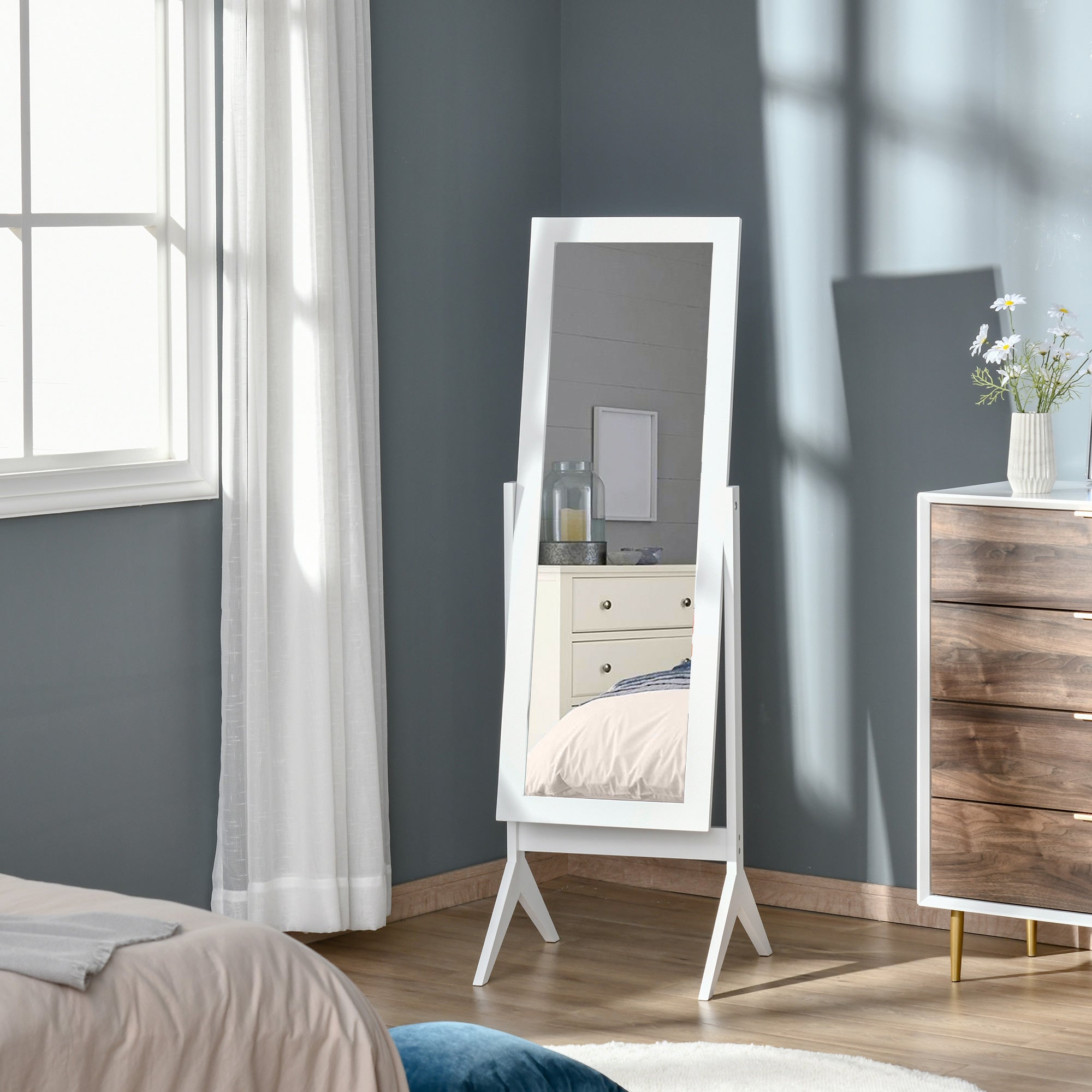 HOMCOM Full Length Mirror, Free Standing Mirror with Rectangular Frame, Adjustable Angle for Dressing Room, Bedroom, Living Room, White