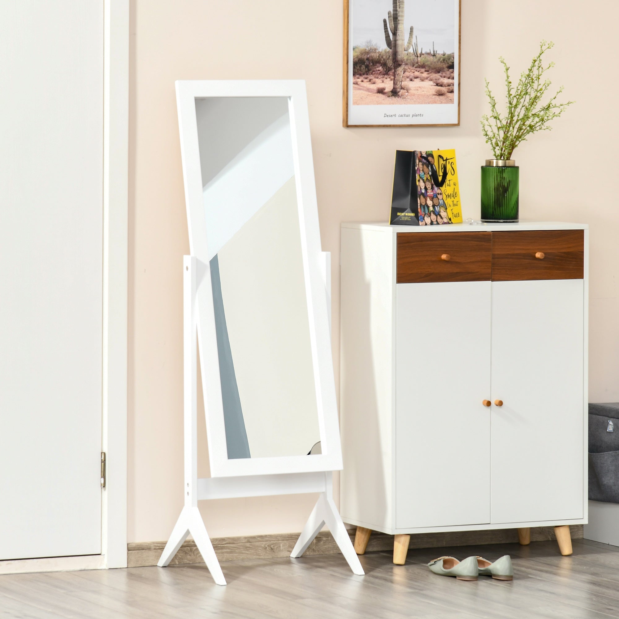 HOMCOM Full Length Mirror, Free Standing Mirror with Rectangular Frame, Adjustable Angle for Dressing Room, Bedroom, Living Room, White