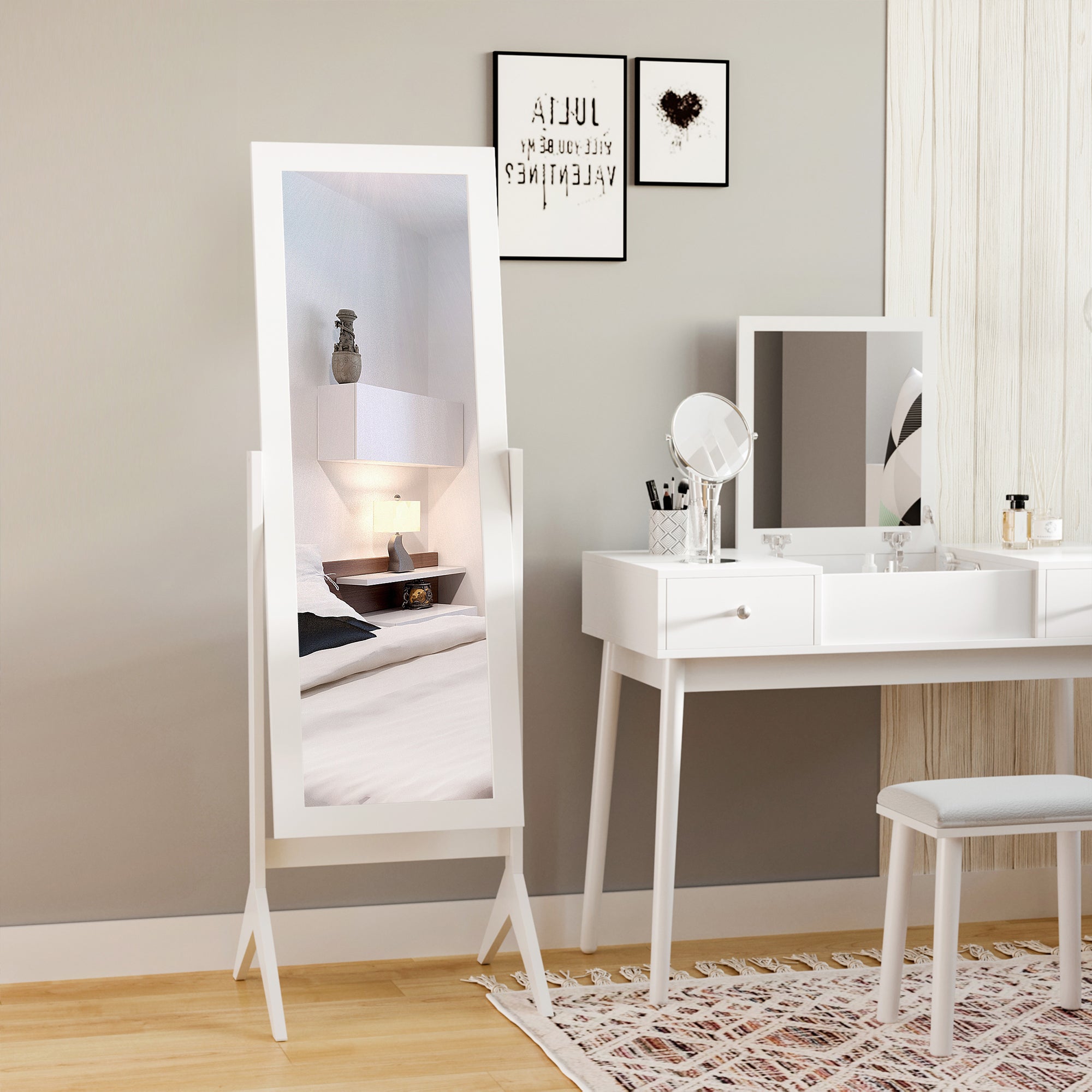 HOMCOM Full Length Mirror, Free Standing Mirror with Rectangular Frame, Adjustable Angle for Dressing Room, Bedroom, Living Room, White