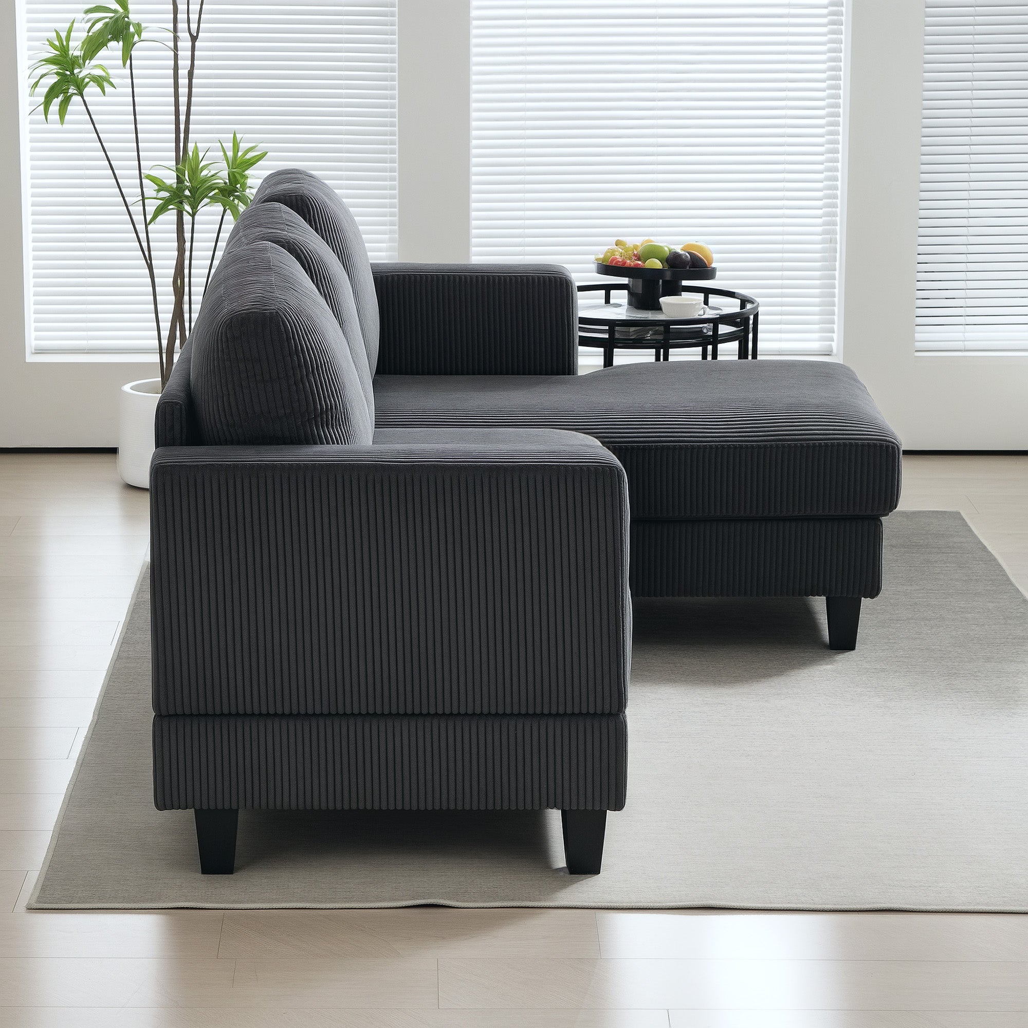 HOMCOM Sectional Sofa with Chaise Lounge and Thick Spring Cushion, Corduroy L Shaped Couch, 3 Seater Corner Sofa for Living Room, Bedroom, Charcoal Grey