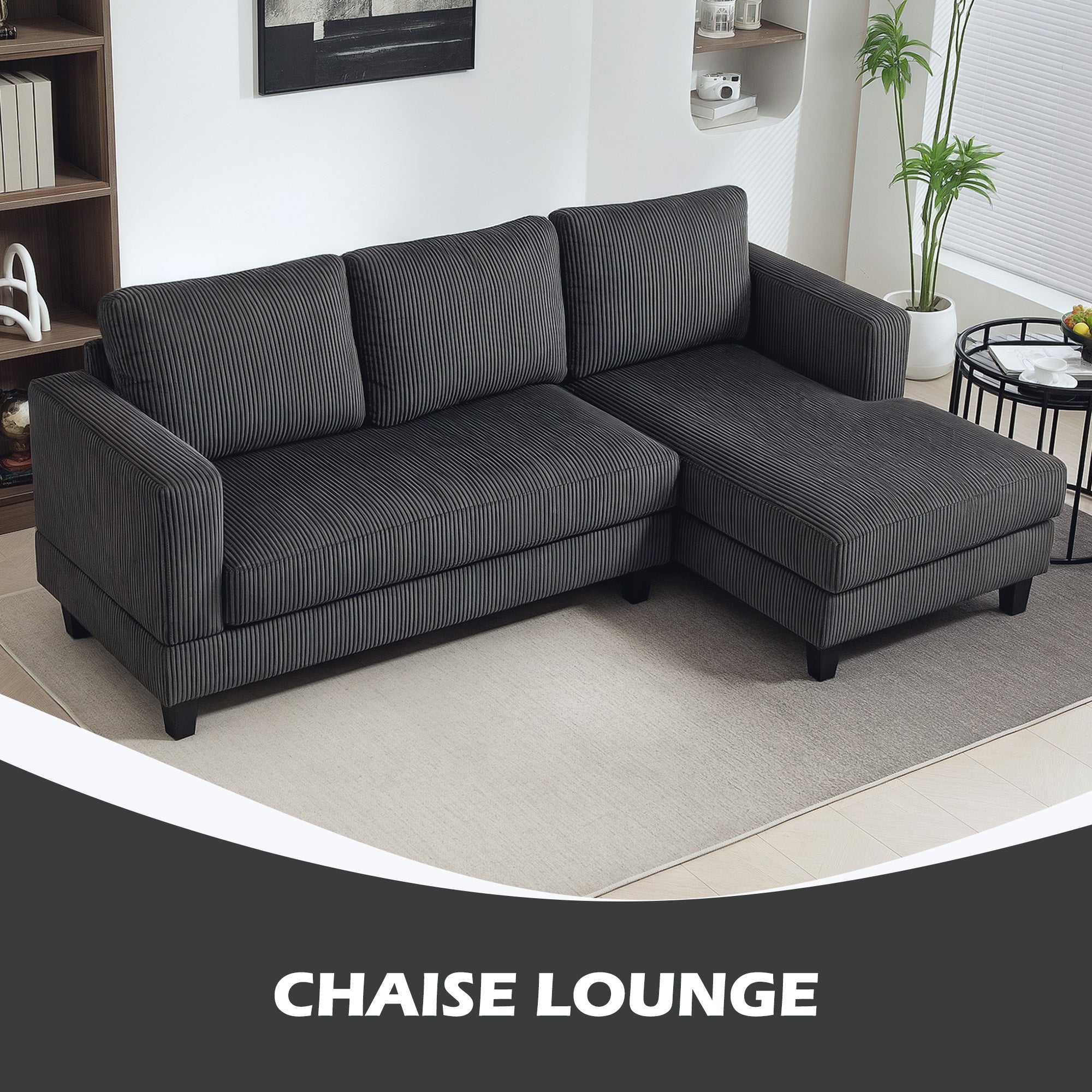 HOMCOM Sectional Sofa with Chaise Lounge and Thick Spring Cushion, Corduroy L Shaped Couch, 3 Seater Corner Sofa for Living Room, Bedroom, Charcoal Grey