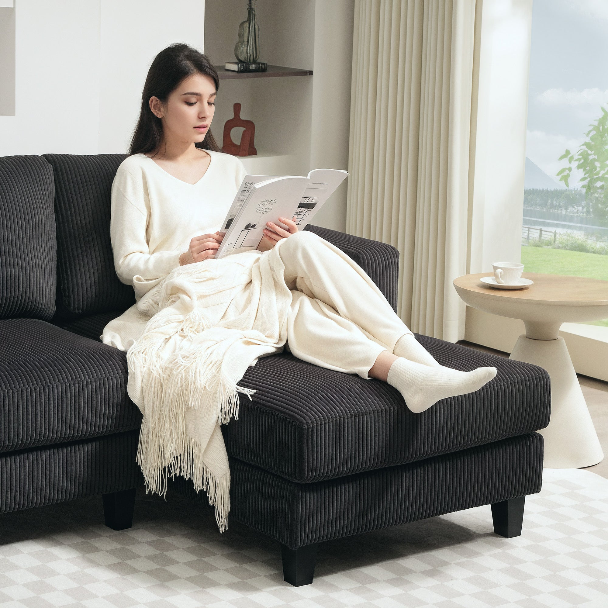 HOMCOM Sectional Sofa with Chaise Lounge and Thick Spring Cushion, Corduroy L Shaped Couch, 3 Seater Corner Sofa for Living Room, Bedroom, Charcoal Grey