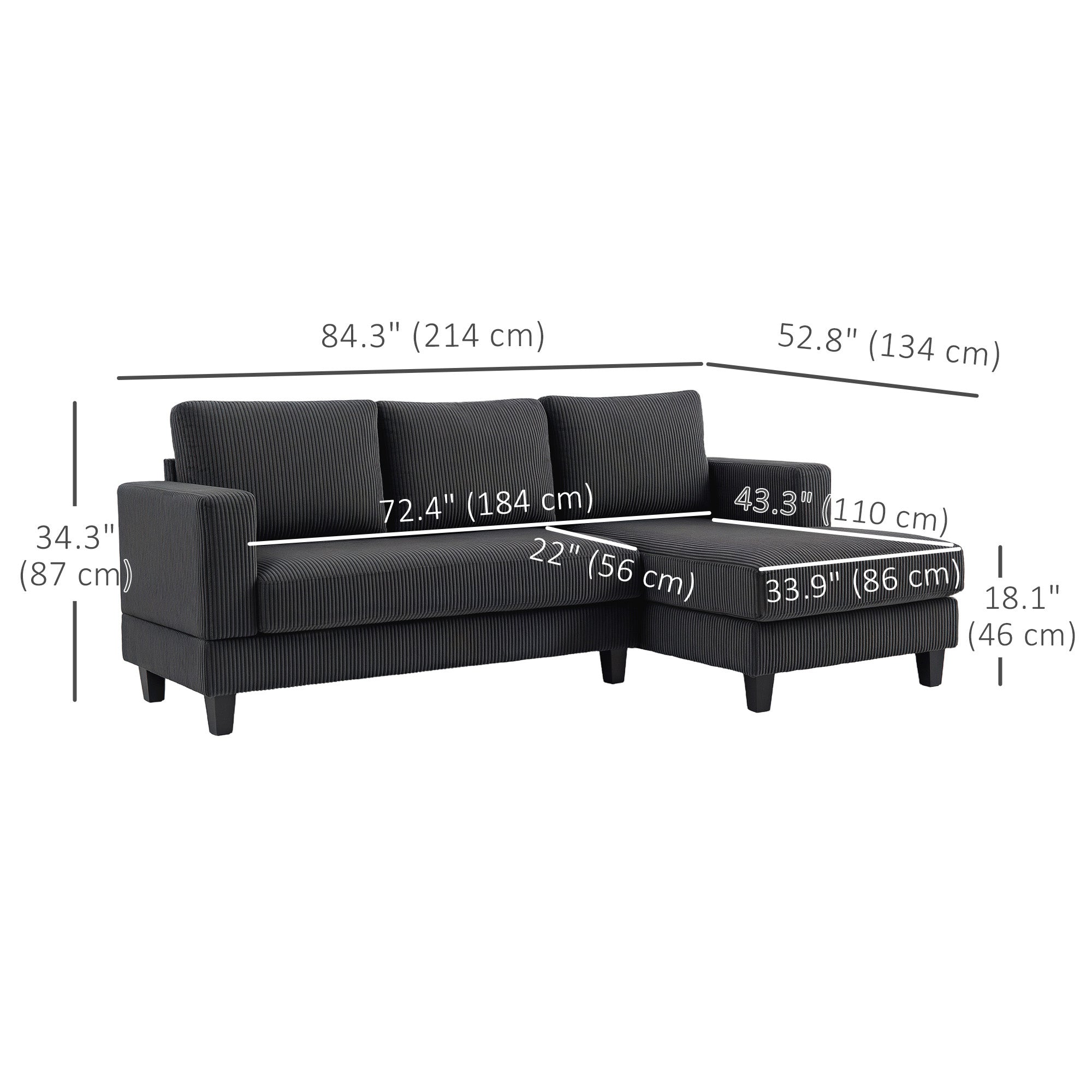 HOMCOM Sectional Sofa with Chaise Lounge and Thick Spring Cushion, Corduroy L Shaped Couch, 3 Seater Corner Sofa for Living Room, Bedroom, Charcoal Grey