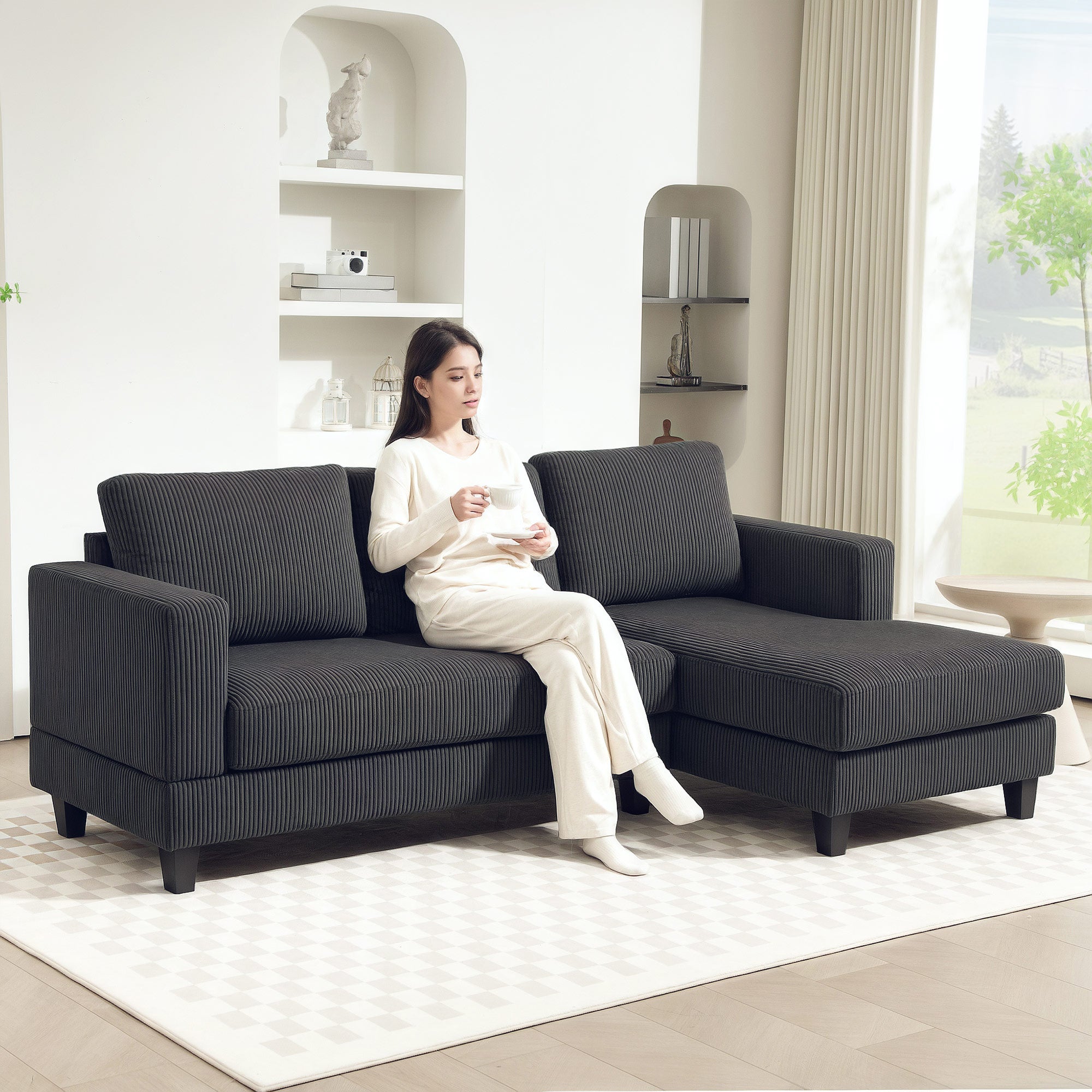 HOMCOM Sectional Sofa with Chaise Lounge and Thick Spring Cushion, Corduroy L Shaped Couch, 3 Seater Corner Sofa for Living Room, Bedroom, Charcoal Grey