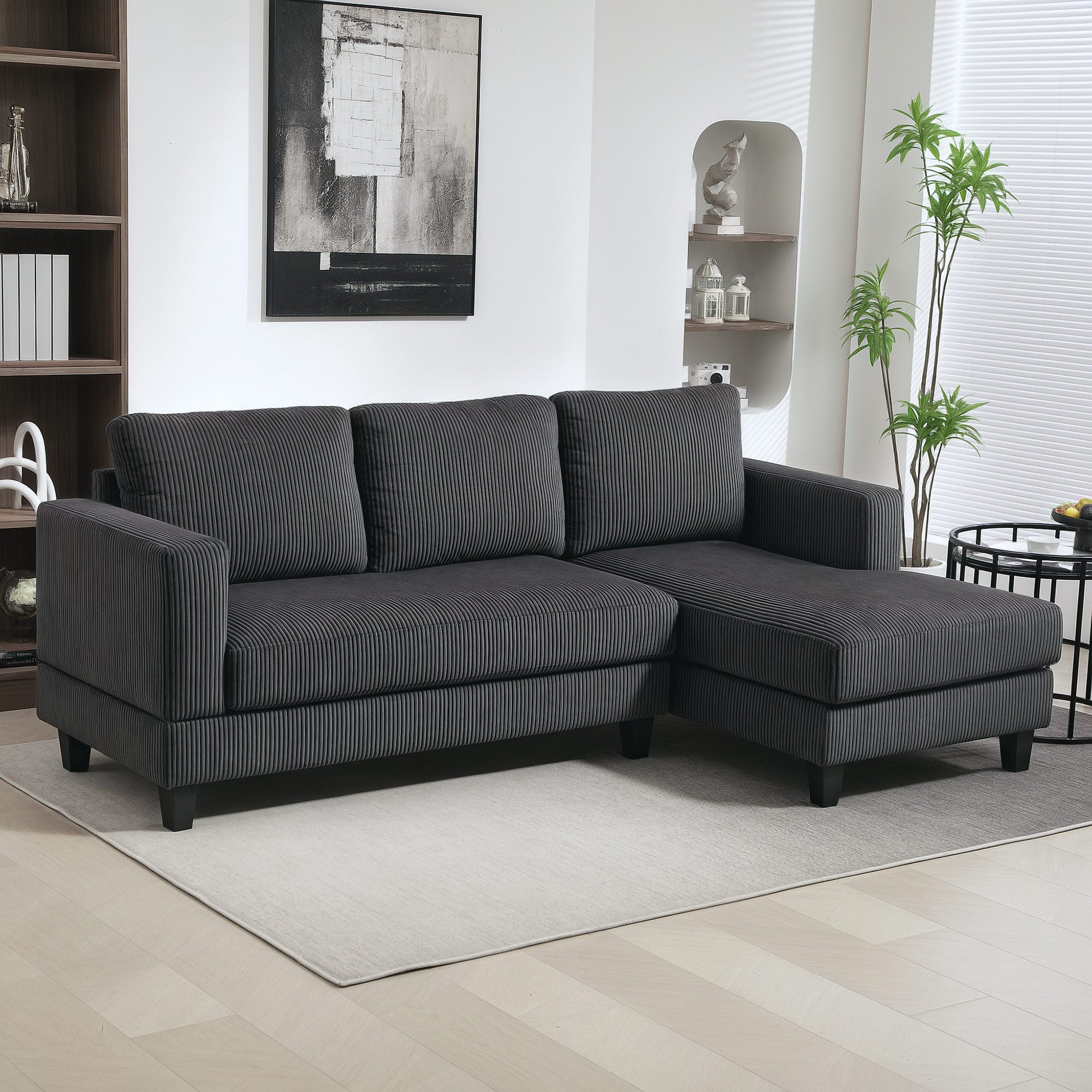 HOMCOM Sectional Sofa with Chaise Lounge and Thick Spring Cushion, Corduroy L Shaped Couch, 3 Seater Corner Sofa for Living Room, Bedroom, Charcoal Grey