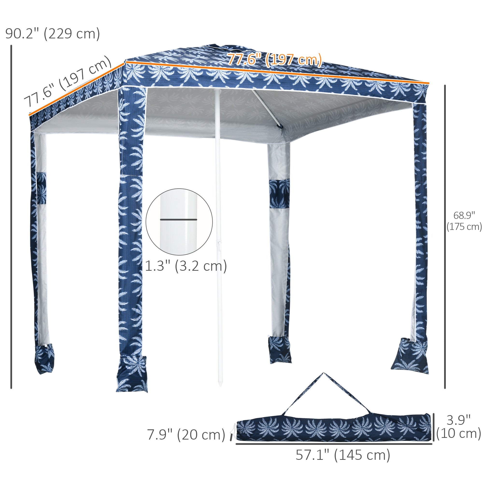 Outsunny Quick Beach Cabana Canopy Umbrella, 6.5' Easy-Assembly Sun-Shade Shelter with Sandbags and Carry Bag, Cool UV50+ Fits Adults & Family, Dark Blue Coconut Palm