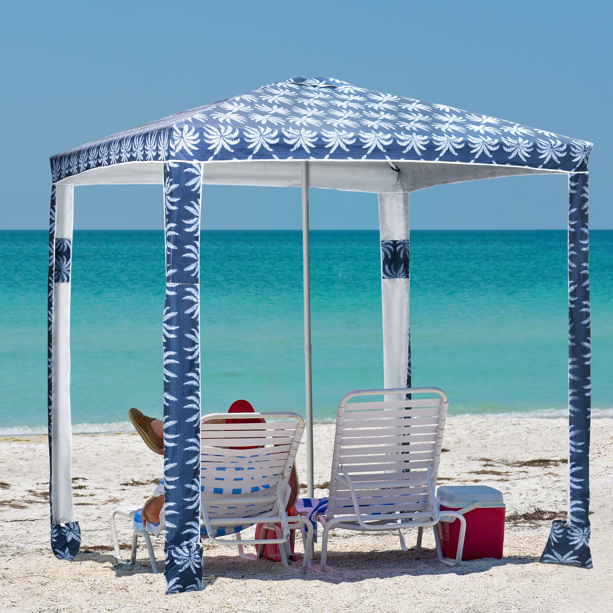 Outsunny Quick Beach Cabana Canopy Umbrella, 6.5' Easy-Assembly Sun-Shade Shelter with Sandbags and Carry Bag, Cool UV50+ Fits Adults & Family, Dark Blue Coconut Palm