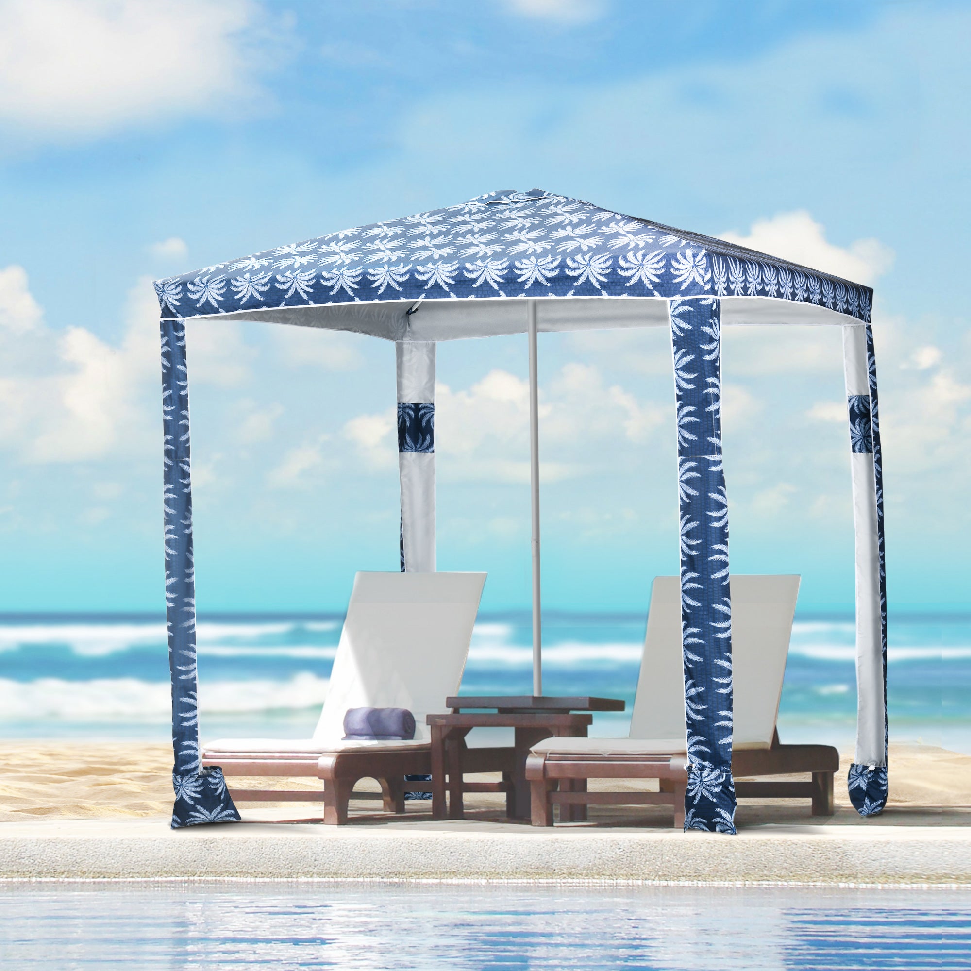 Outsunny Quick Beach Cabana Canopy Umbrella, 6.5' Easy-Assembly Sun-Shade Shelter with Sandbags and Carry Bag, Cool UV50+ Fits Adults & Family, Dark Blue Coconut Palm