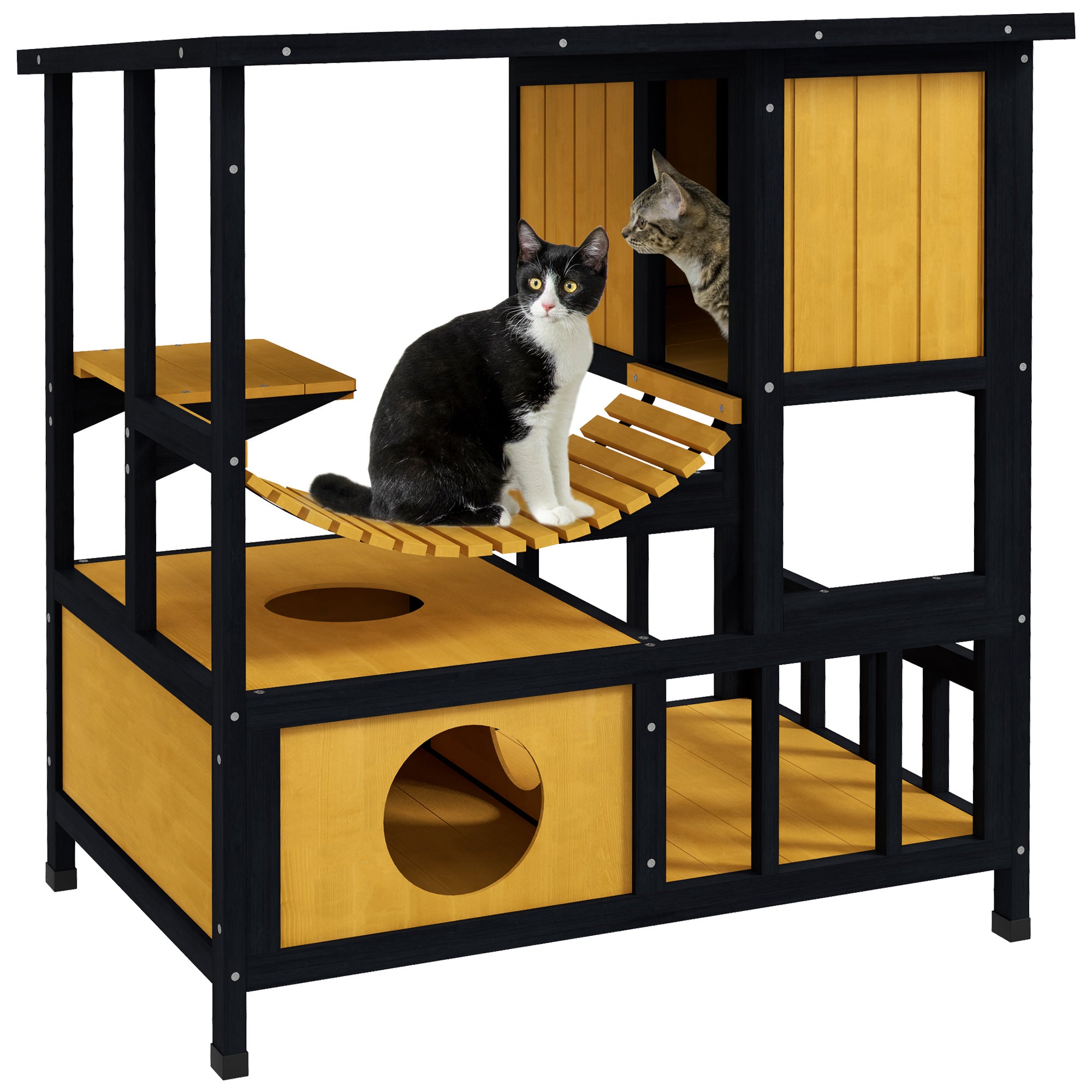 PawHut Outdoor Cat House Feral Cat Shelter Wooden Cat House with Suspension Bridge, Condos, Escape Doors, Jumping Platform, Water-Resistant Roof, for 1-2 Cats - Yellow