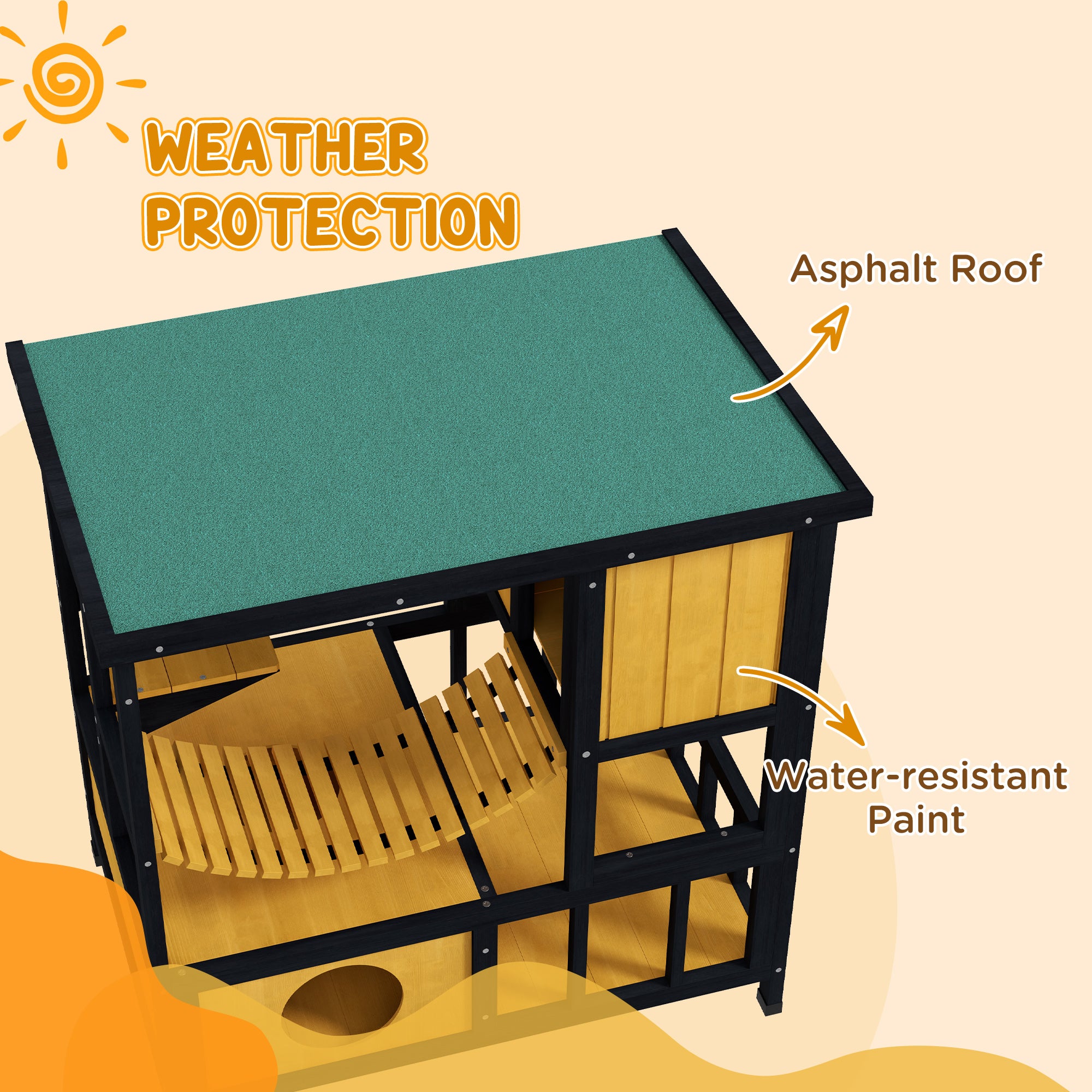 PawHut Outdoor Cat House Feral Cat Shelter Wooden Cat House with Suspension Bridge, Condos, Escape Doors, Jumping Platform, Water-Resistant Roof, for 1-2 Cats - Yellow