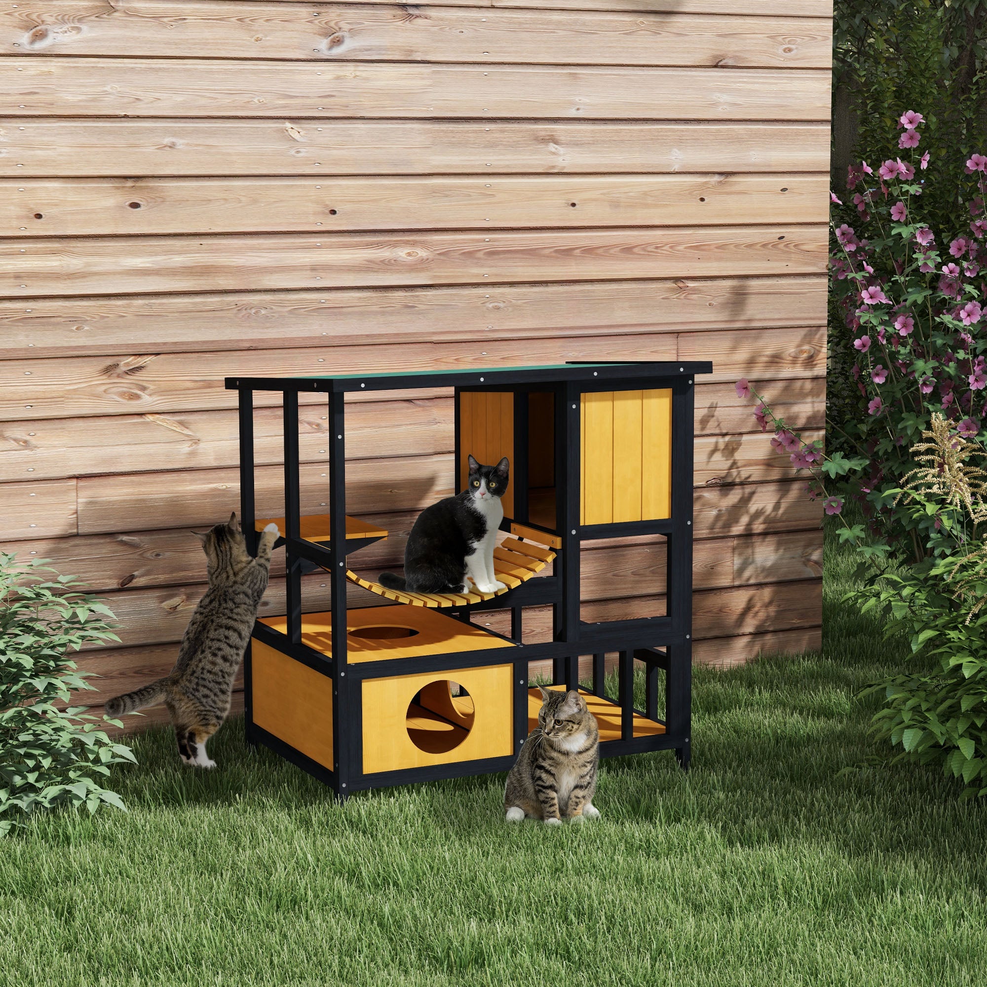 PawHut Outdoor Cat House Feral Cat Shelter Wooden Cat House with Suspension Bridge, Condos, Escape Doors, Jumping Platform, Water-Resistant Roof, for 1-2 Cats - Yellow