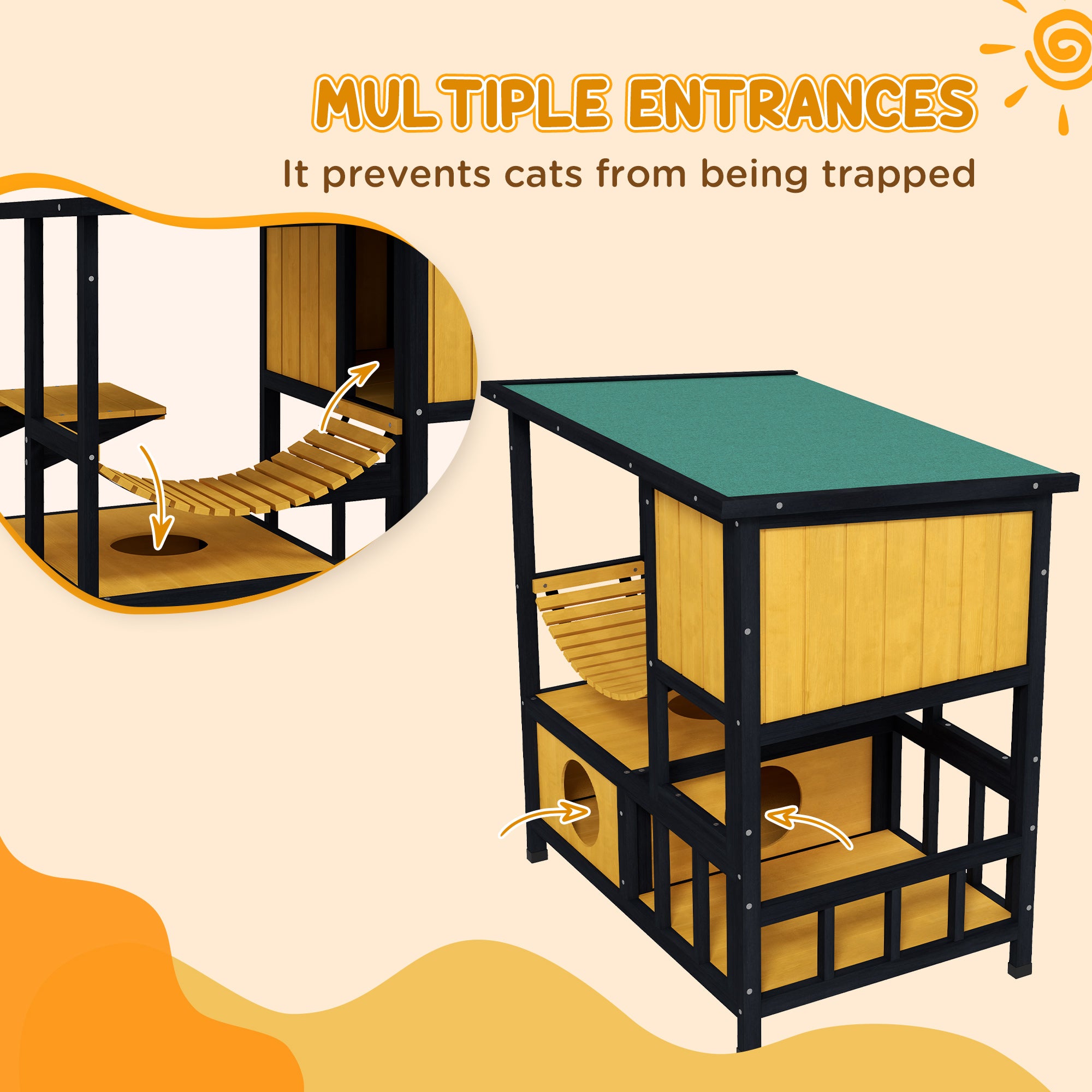 PawHut Outdoor Cat House Feral Cat Shelter Wooden Cat House with Suspension Bridge, Condos, Escape Doors, Jumping Platform, Water-Resistant Roof, for 1-2 Cats - Yellow