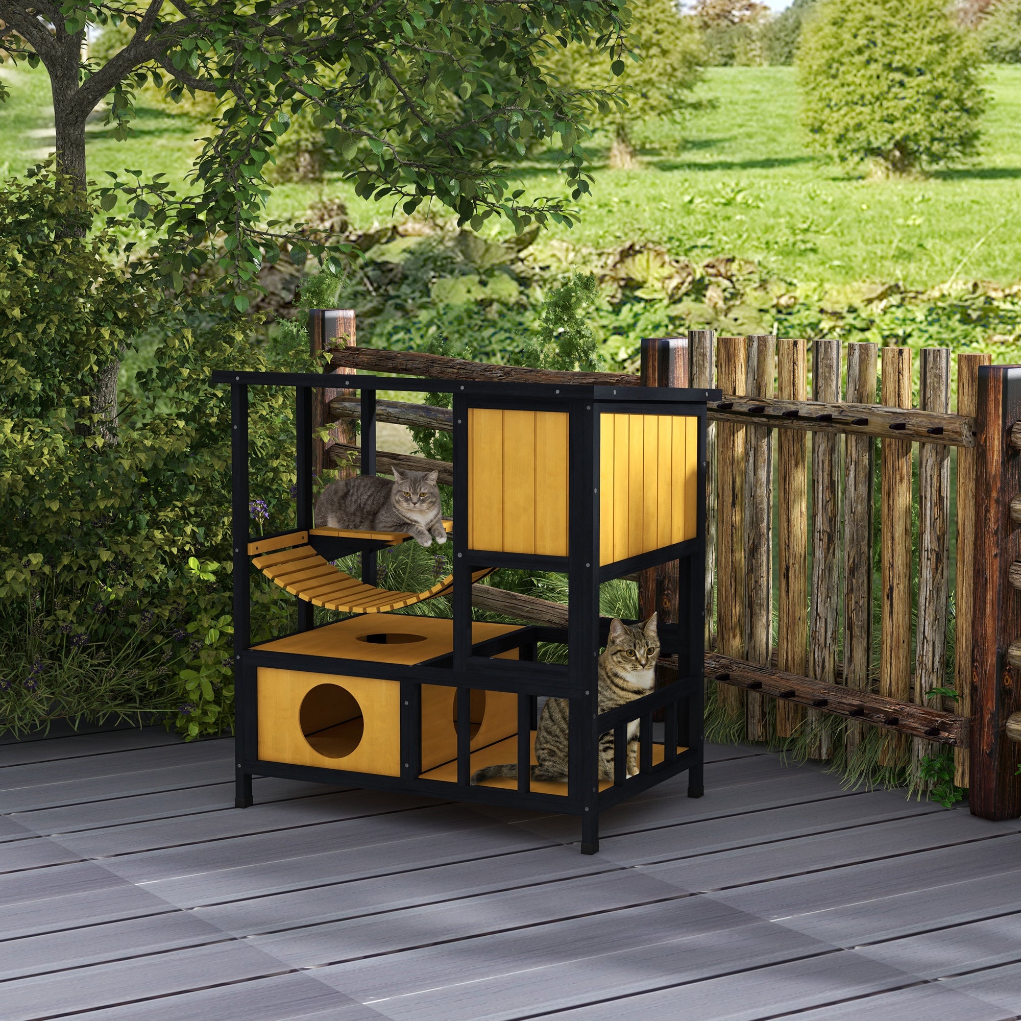 PawHut Outdoor Cat House Feral Cat Shelter Wooden Cat House with Suspension Bridge, Condos, Escape Doors, Jumping Platform, Water-Resistant Roof, for 1-2 Cats - Yellow
