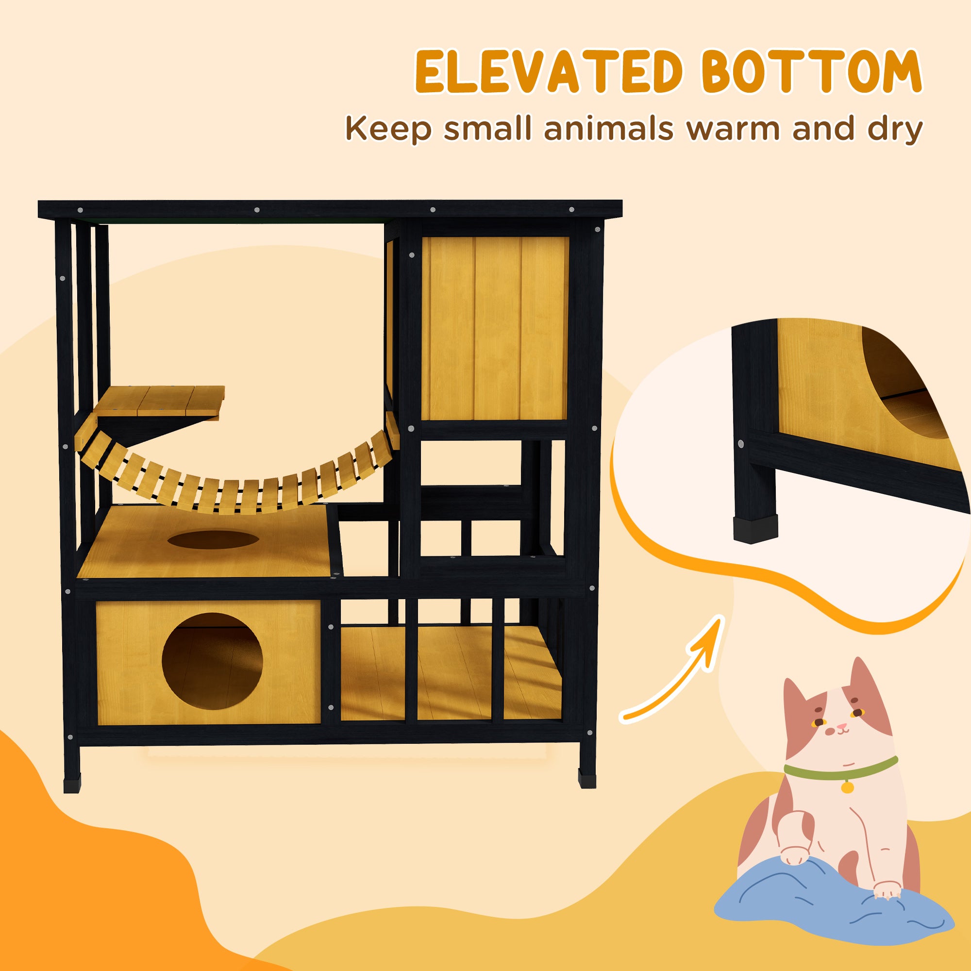 PawHut Outdoor Cat House Feral Cat Shelter Wooden Cat House with Suspension Bridge, Condos, Escape Doors, Jumping Platform, Water-Resistant Roof, for 1-2 Cats - Yellow