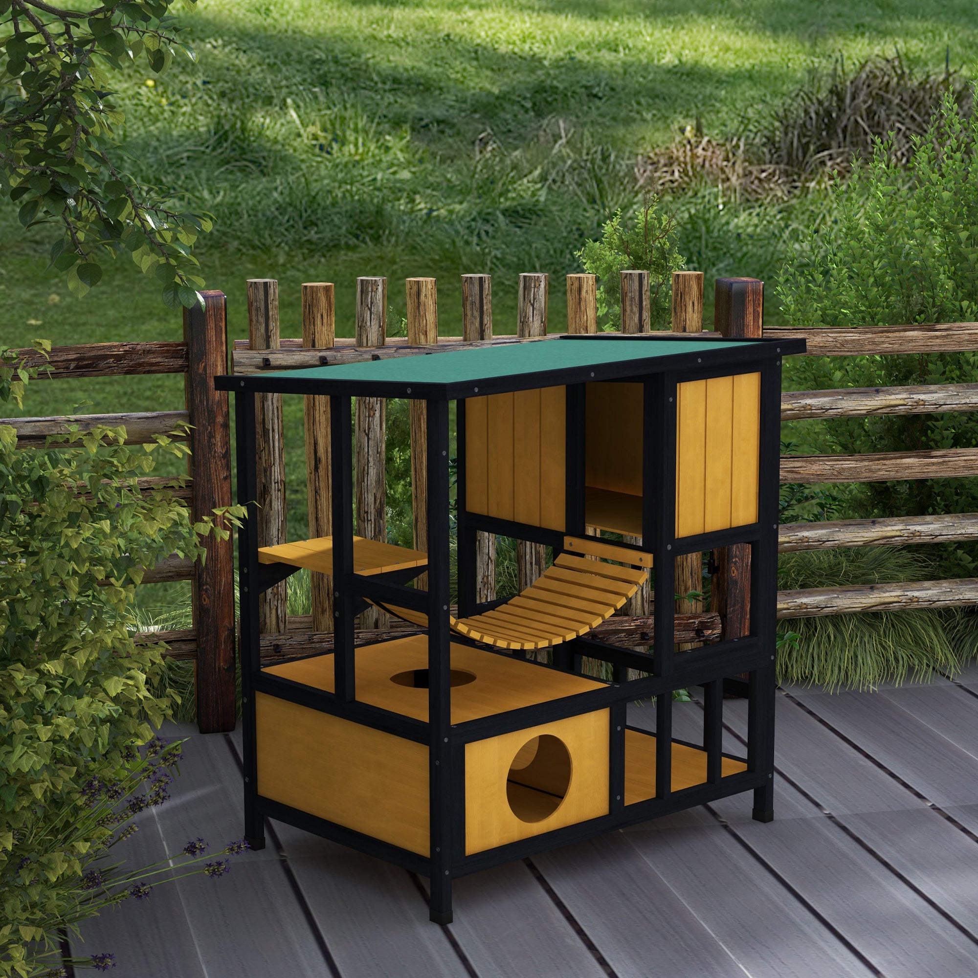 PawHut Outdoor Cat House Feral Cat Shelter Wooden Cat House with Suspension Bridge, Condos, Escape Doors, Jumping Platform, Water-Resistant Roof, for 1-2 Cats - Yellow