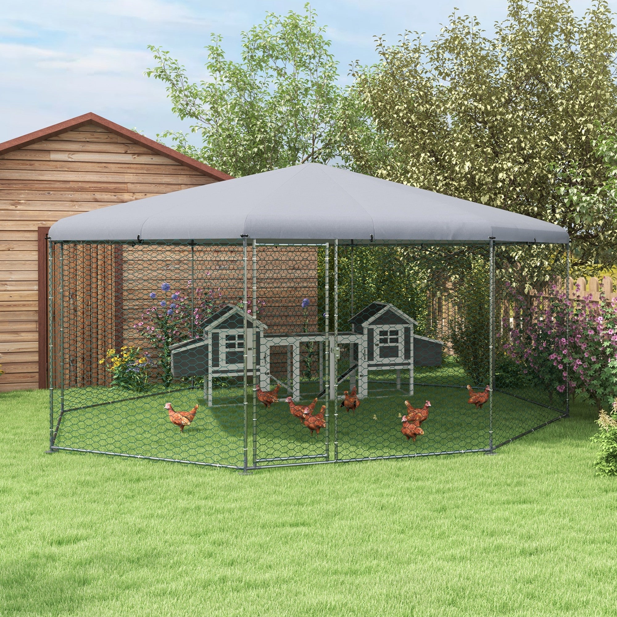 PawHut Large Chicken Coop Metal Chicken Run for Chickens with Waterproof and Anti-UV Cover, Polygon Shaped Walk in Fence Cage Hen House for Outdoor and Yard Farm Use, 1" Dia, 17.1' x 15.7' x 9'