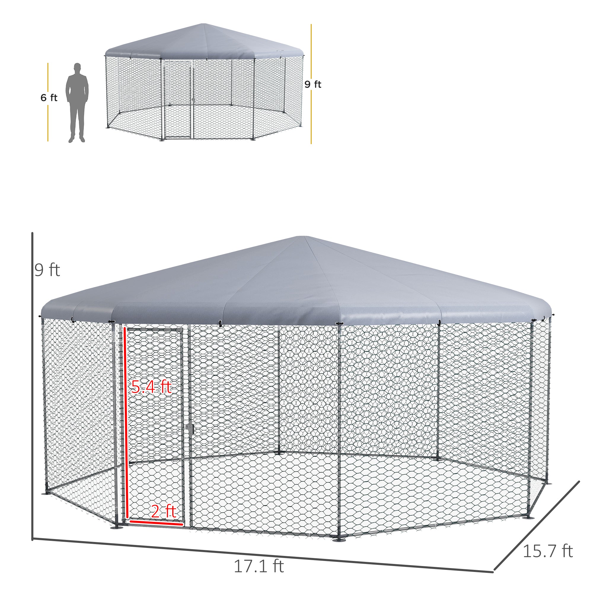 PawHut Large Chicken Coop Metal Chicken Run for Chickens with Waterproof and Anti-UV Cover, Polygon Shaped Walk in Fence Cage Hen House for Outdoor and Yard Farm Use, 1" Dia, 17.1' x 15.7' x 9'
