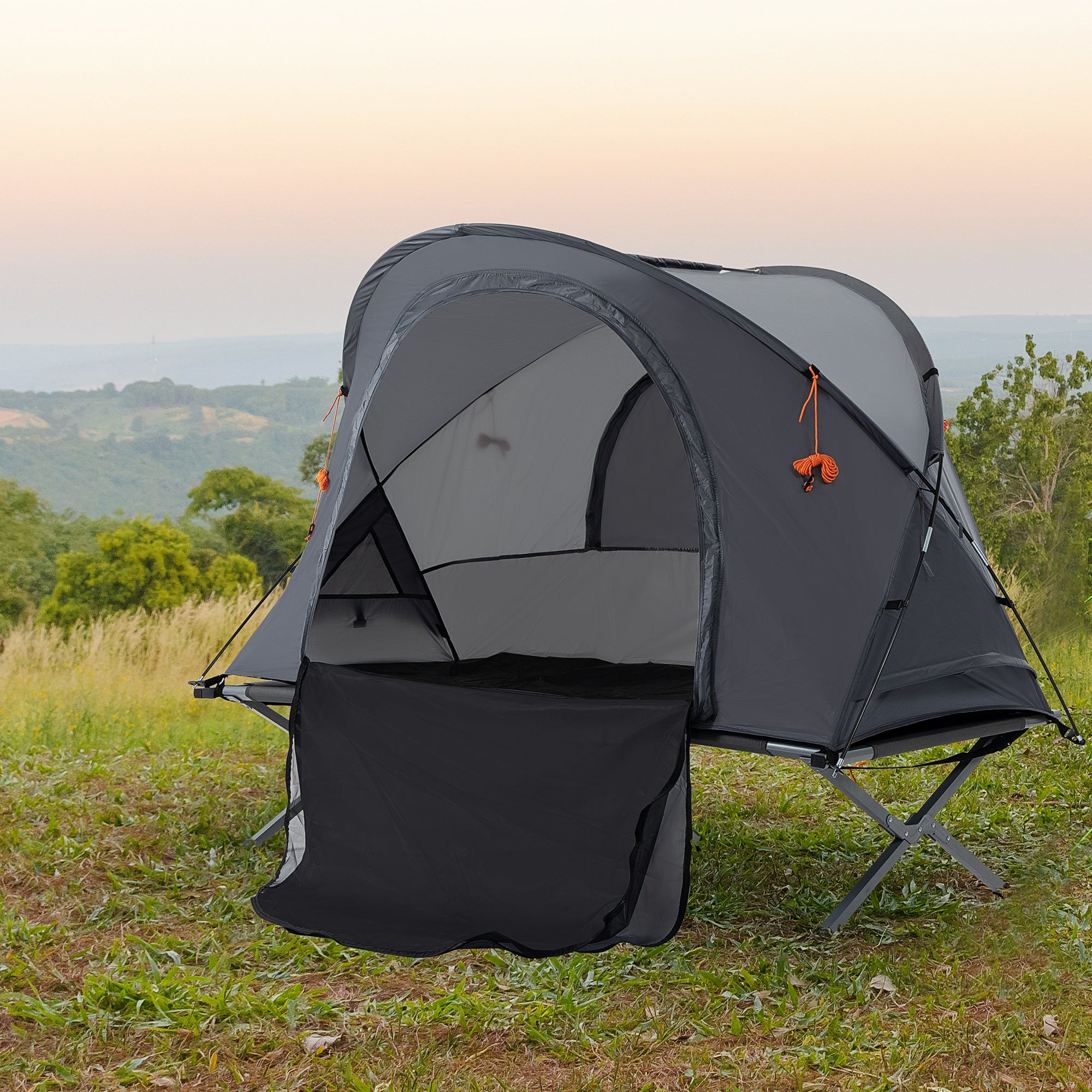 Outsunny Camping Tent Cot, Multifunctional Folding Tent Combo, Portable Off-Ground Tent Shelter with Self-Inflating Air Mattress and Carry Bag for 1 Person
