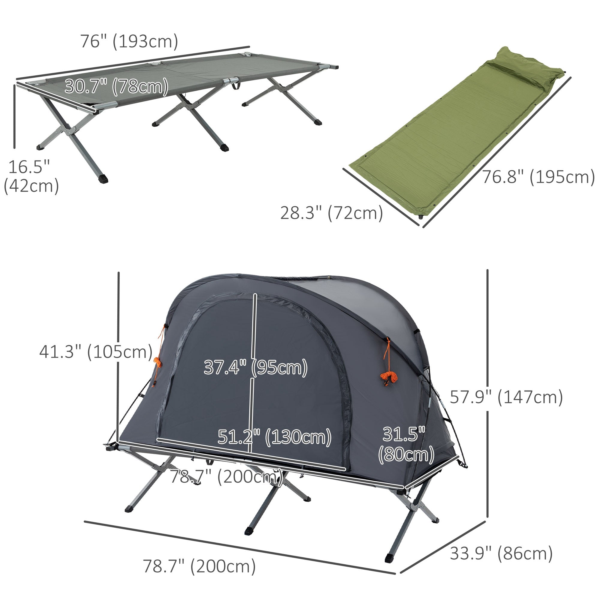 Outsunny Camping Tent Cot, Multifunctional Folding Tent Combo, Portable Off-Ground Tent Shelter with Self-Inflating Air Mattress and Carry Bag for 1 Person