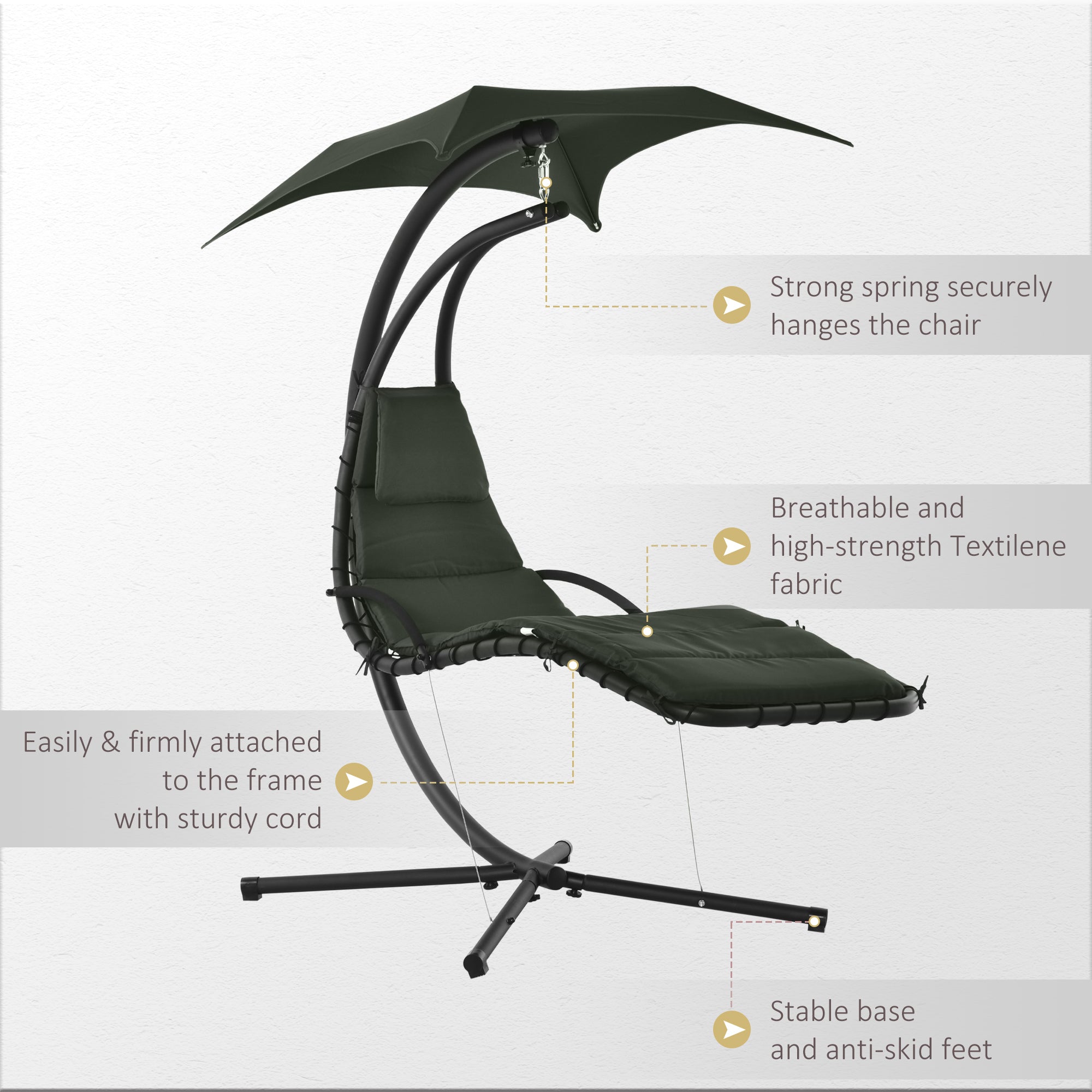 Outsunny Floating Chaise Lounge Outdoor Porch Swing Chair Hanging Hammock Reclining Seat  w/ Arc Stand & Canopy Umbrella Charcoal Grey